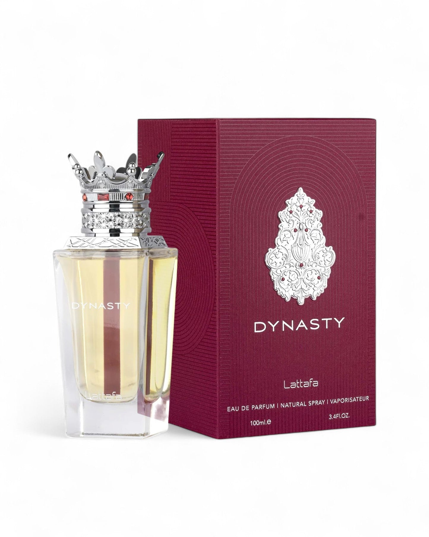 lattafa dynasty perfume bottle and packaging on a white background