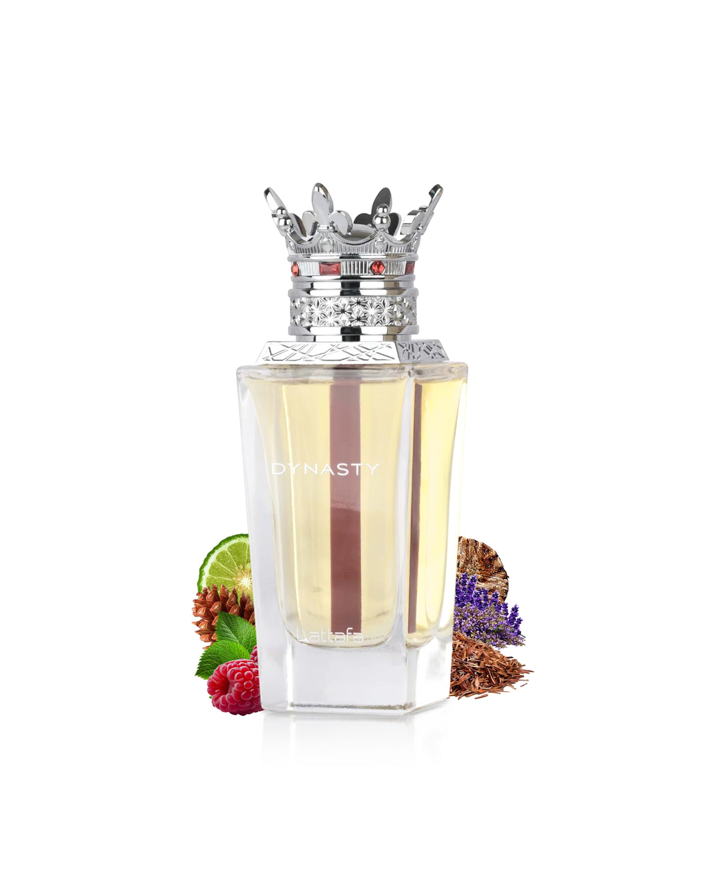 lattafa dynasty Perfume bottle surrounded by raspberry and citrus with a decorative crown on a white background