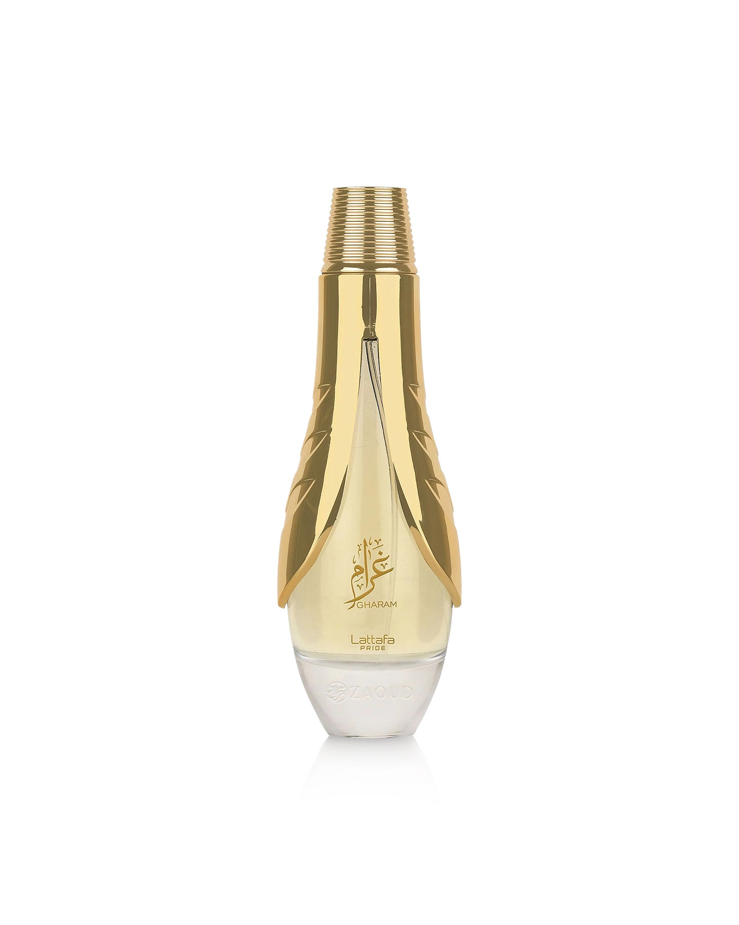 lattafa gharam perfume golden bottle on a white background