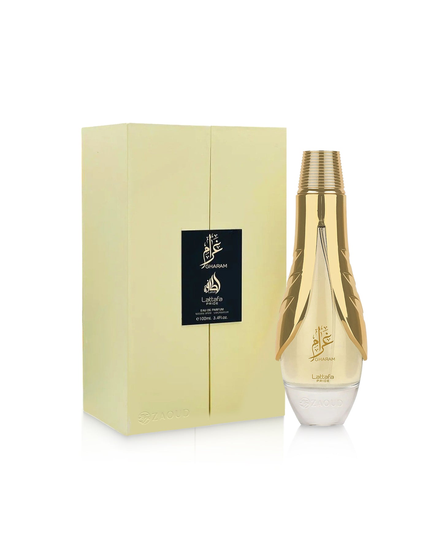 lattafa gharam Gold perfume bottle and packaging on a white background