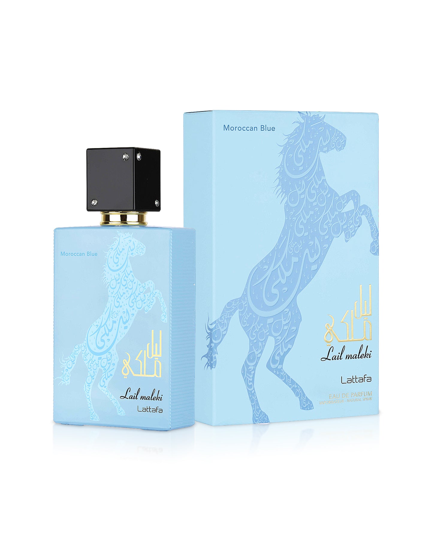 Lattafa LAIL AL MALEKI MOROCCAN BLUE PERFUME BOTTLE SHOWS BESIDE ITS BOX AGAINST WHITE BACKGROUND