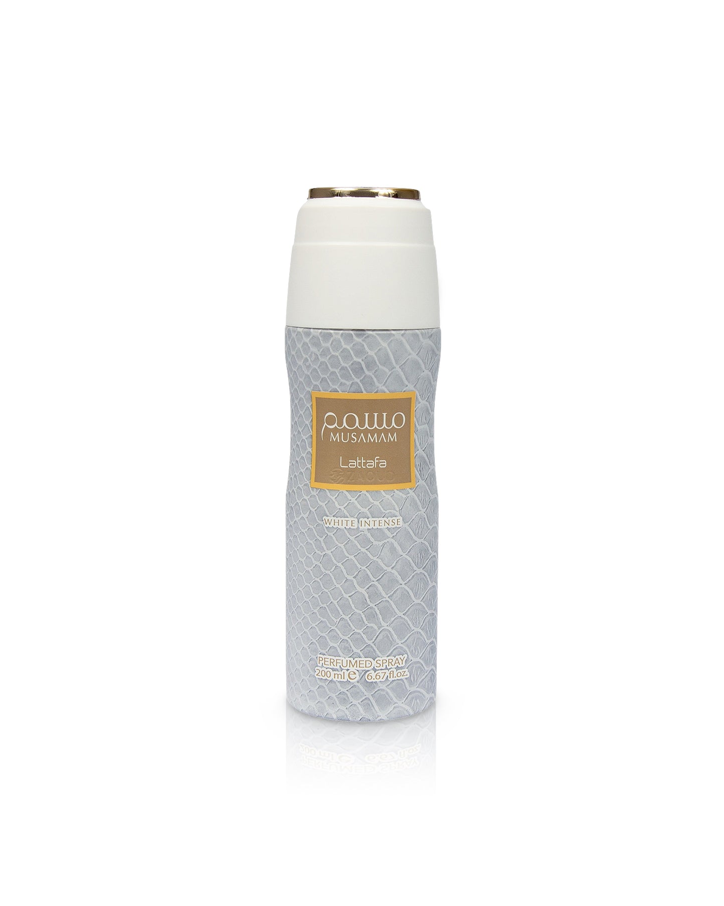 lattafa musamam white intense Deodorant bottle with a white cap and gray body on a white background
