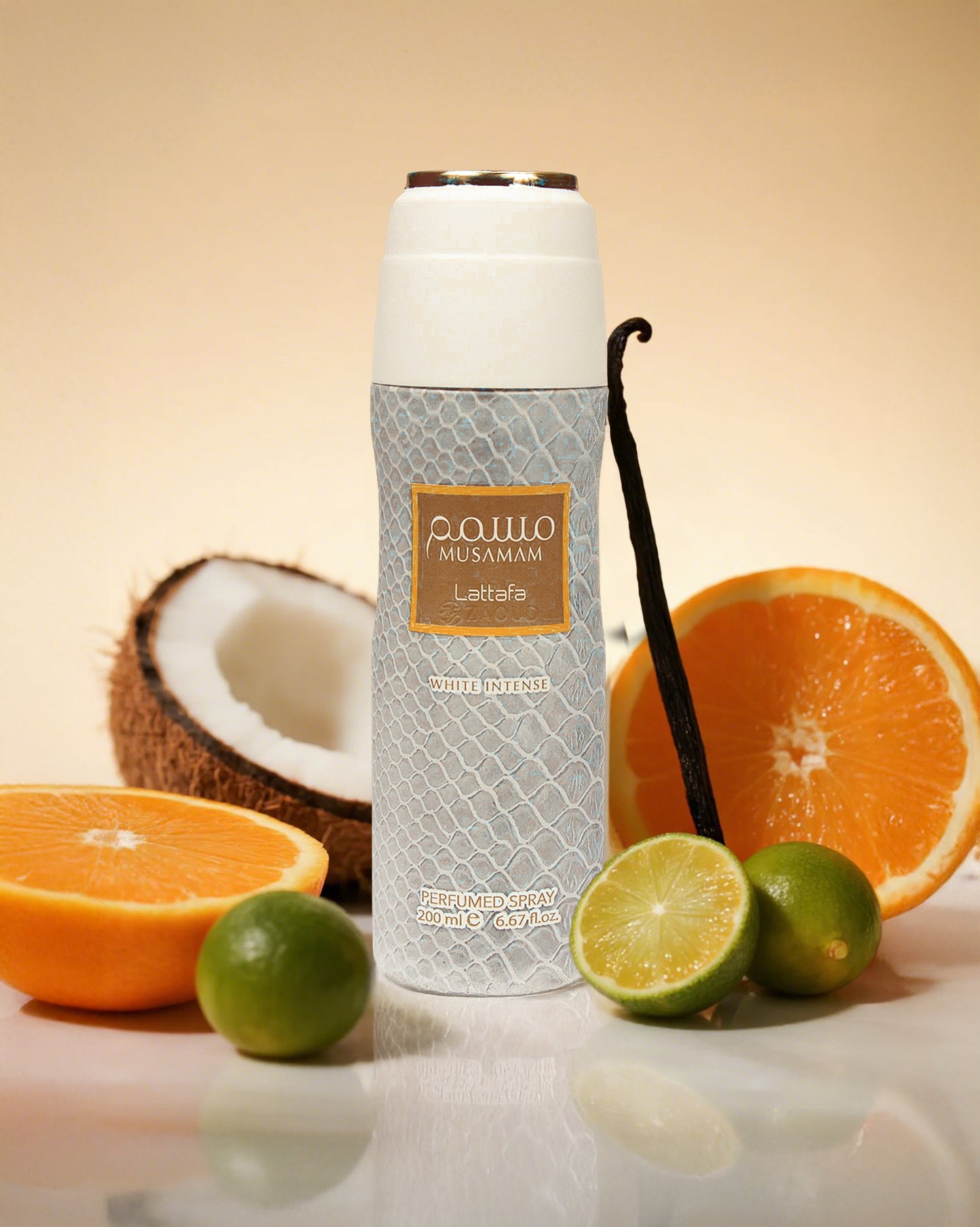 lattafa musamam white intense Deodorant bottle with natural elements like oranges, limes, and coconuts on a beige background