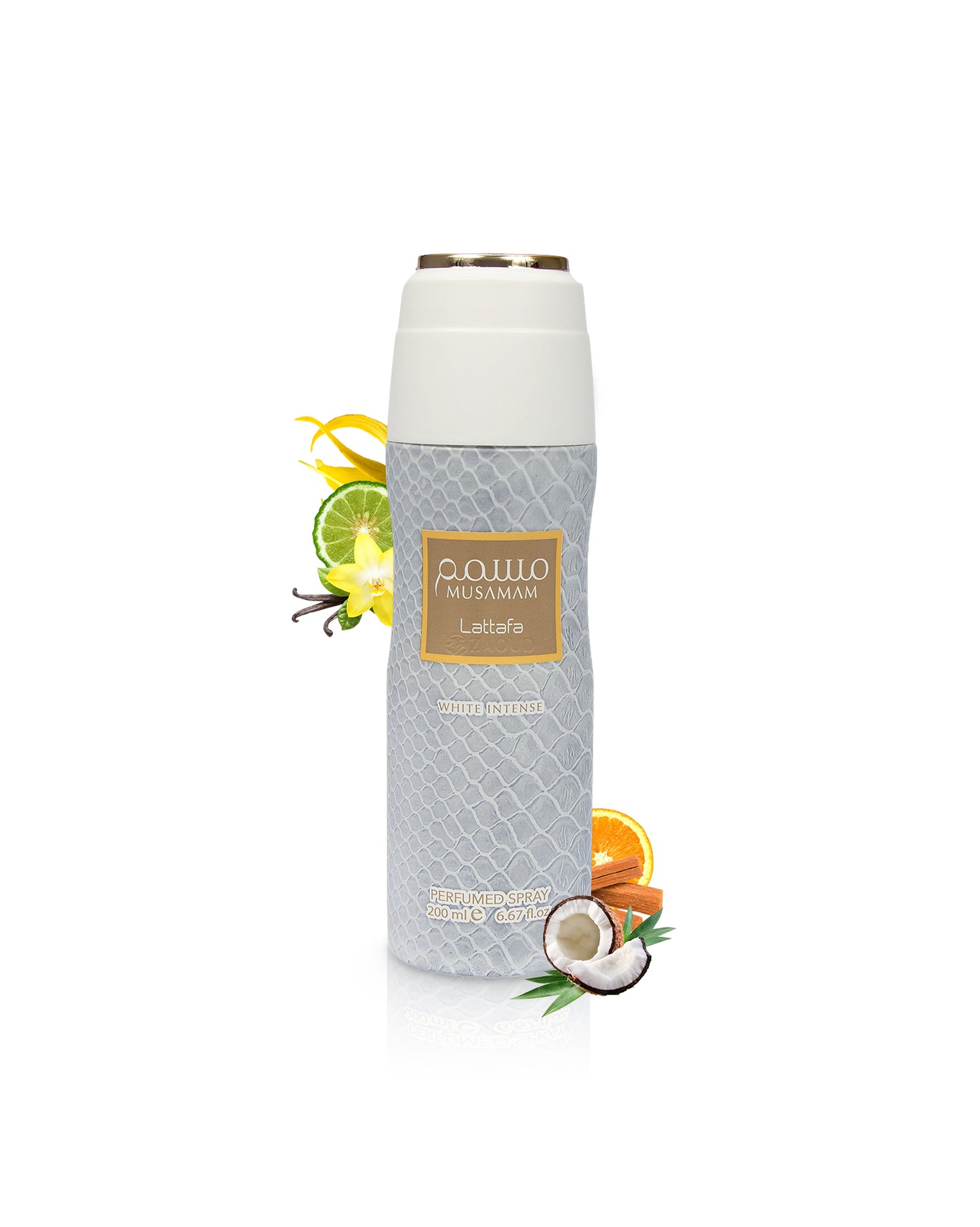 lattafa musamam white intense Deodorant bottle with decorative elements like coconut and vanilla on a white background