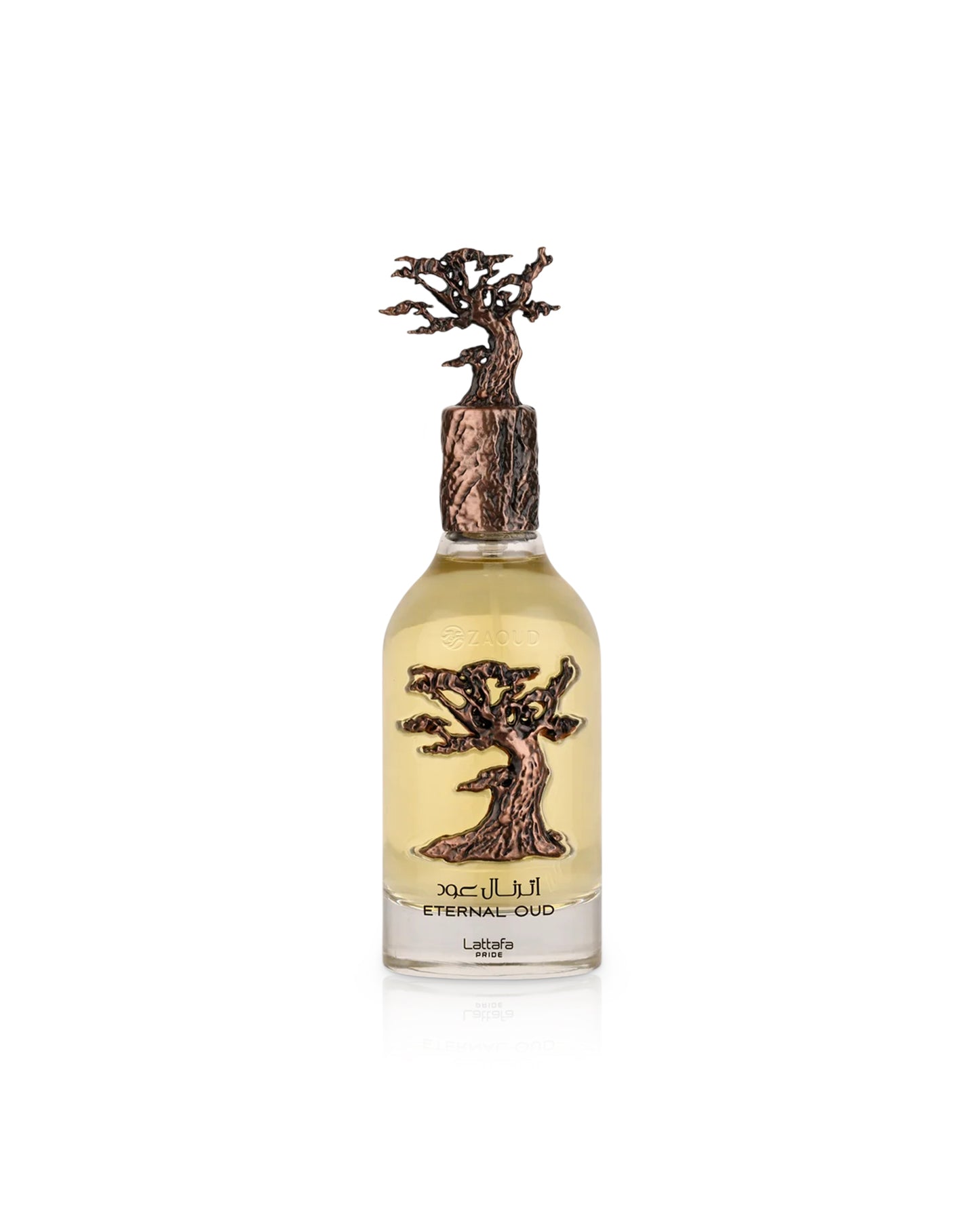 Bottle of Lattafa Eternal Oud perfume with a tree design on a white background