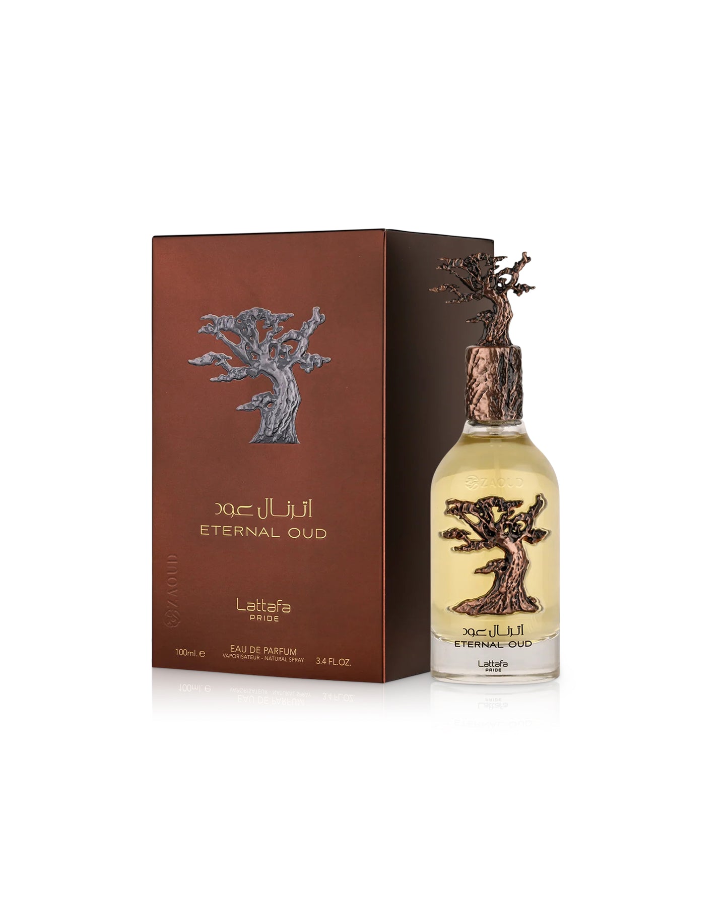 lattafa Eternal Oud perfume bottle and packaging on a white background