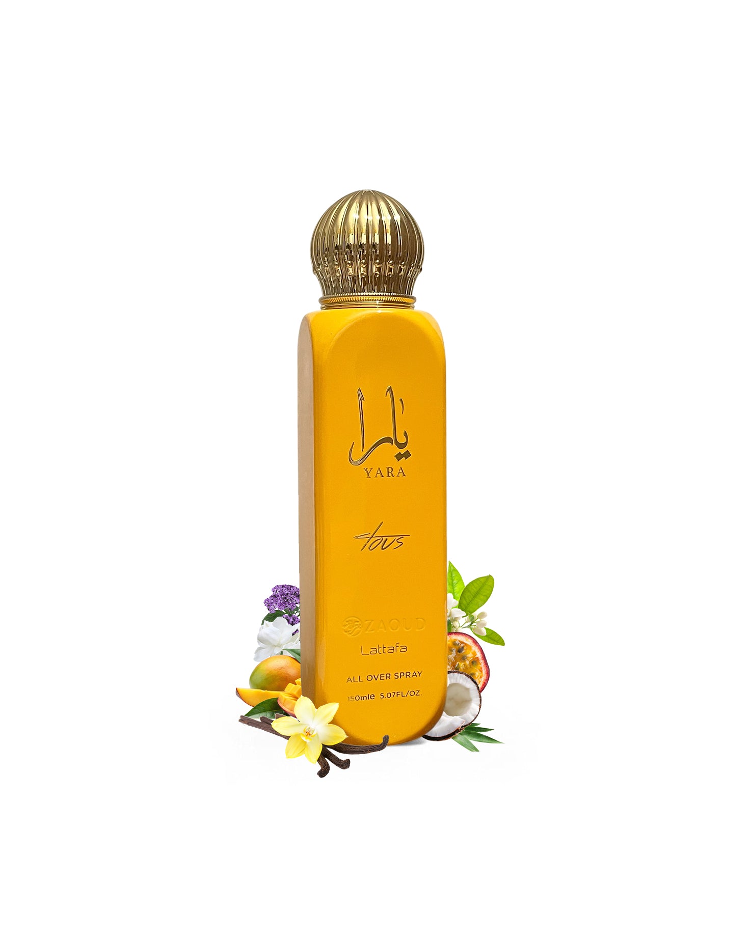 lattafa yara tous all over spray bottle surrounded by fragrance notes like coconut and mango shows against white background