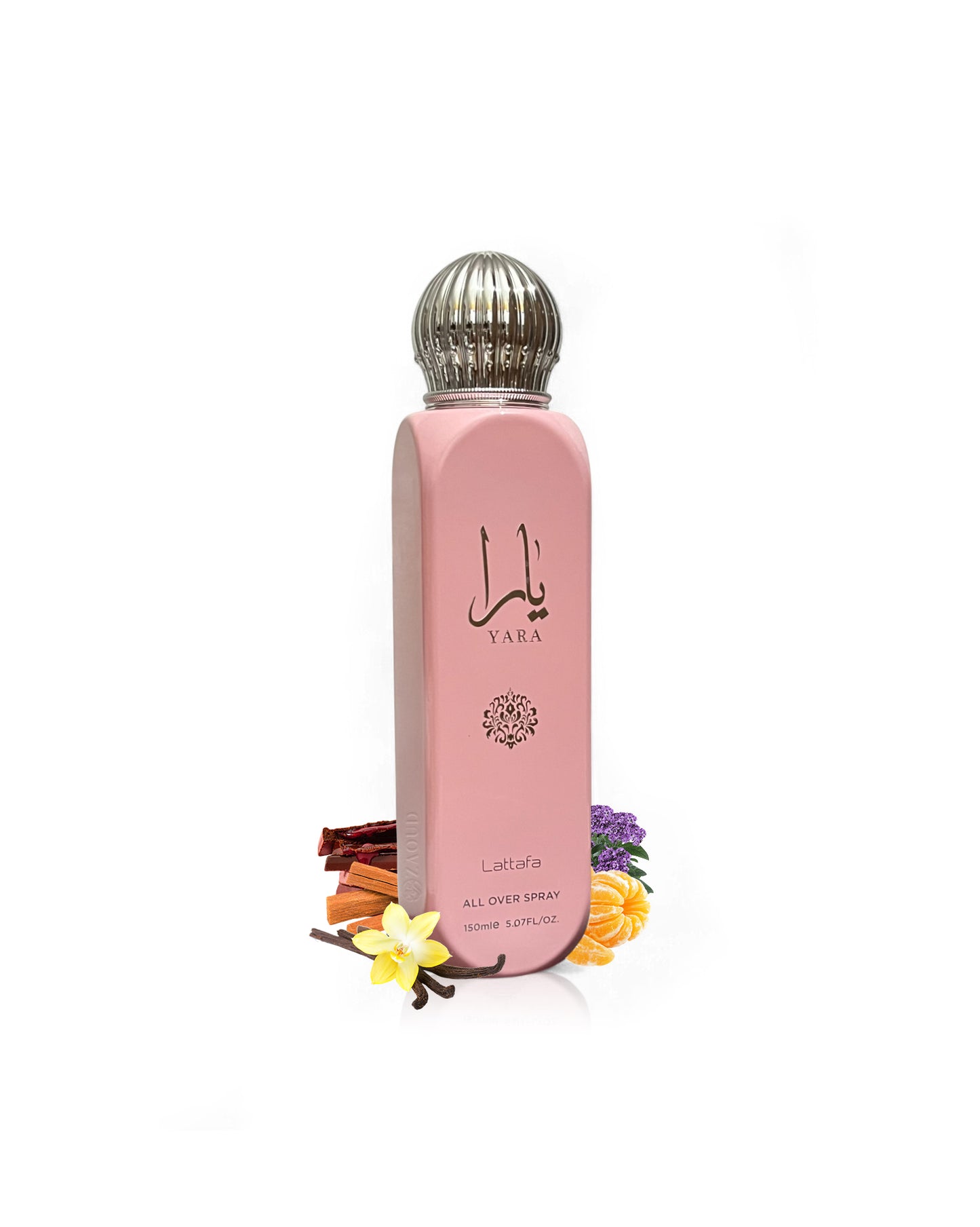 Lattafa Yara all over spray bottle surrounded by fragrance notes like vanilla and tangerine shows against white background