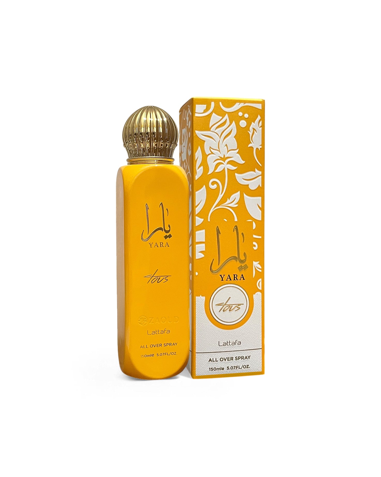lattafa yara tous all over spray bottle shows beside its box frontside against white background