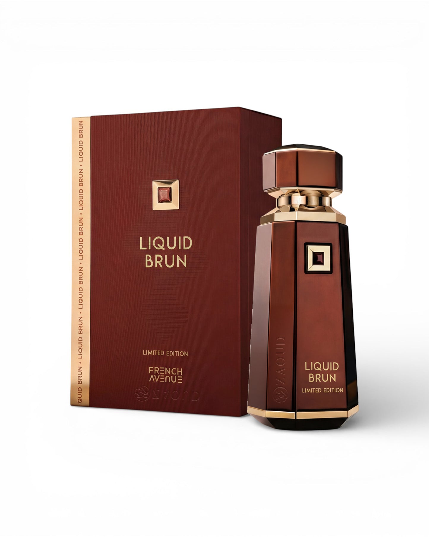 liquid brun extrait limited edition perfume bottle shows beside its packaging against white background