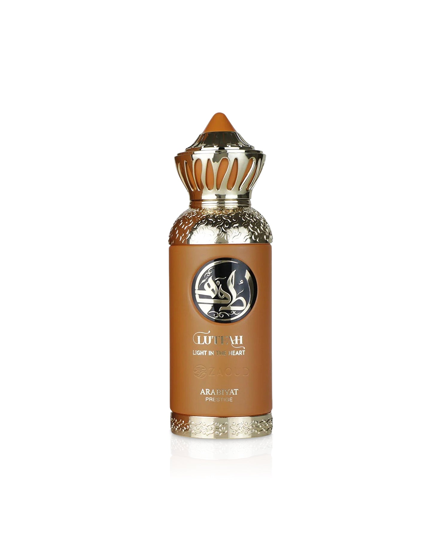 lutfah light in the heart Brown bottle with decorative cap on a white background