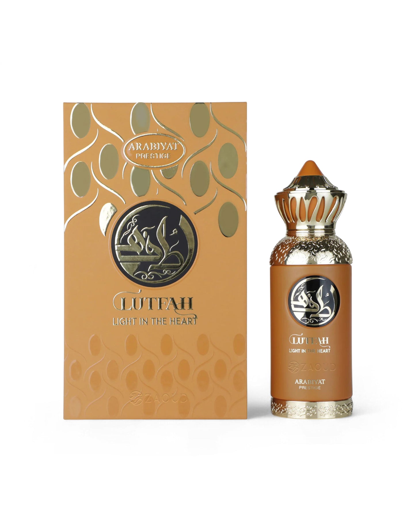 lutfah light in the heart perfume bottle and packaging on a white background