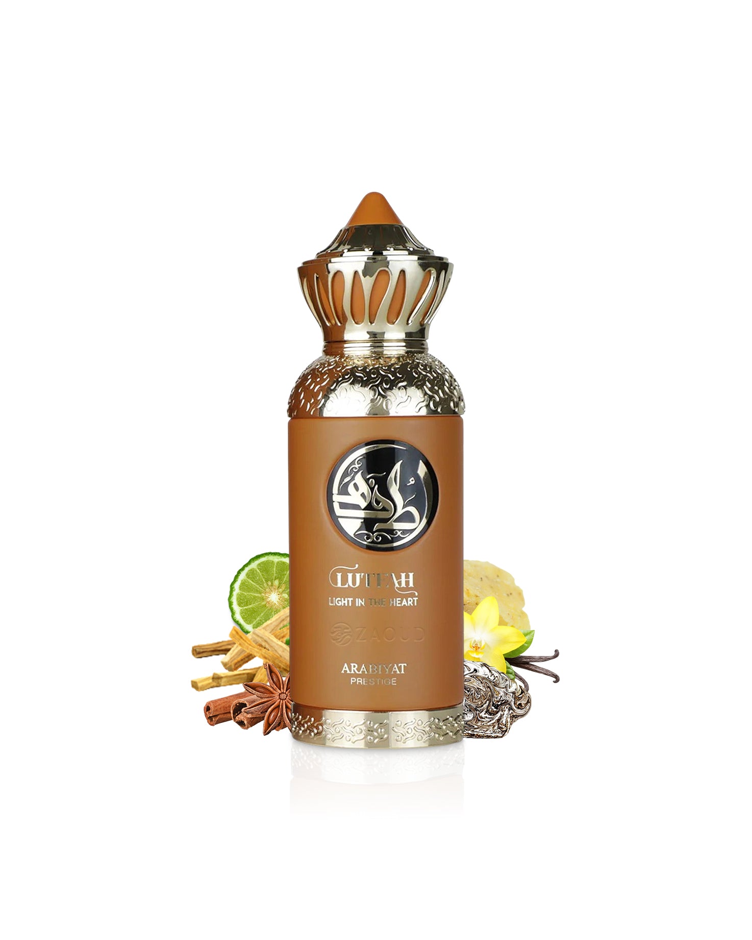 lutfah light in the heart Decorative bottle with a gold cap and brown label on a white background