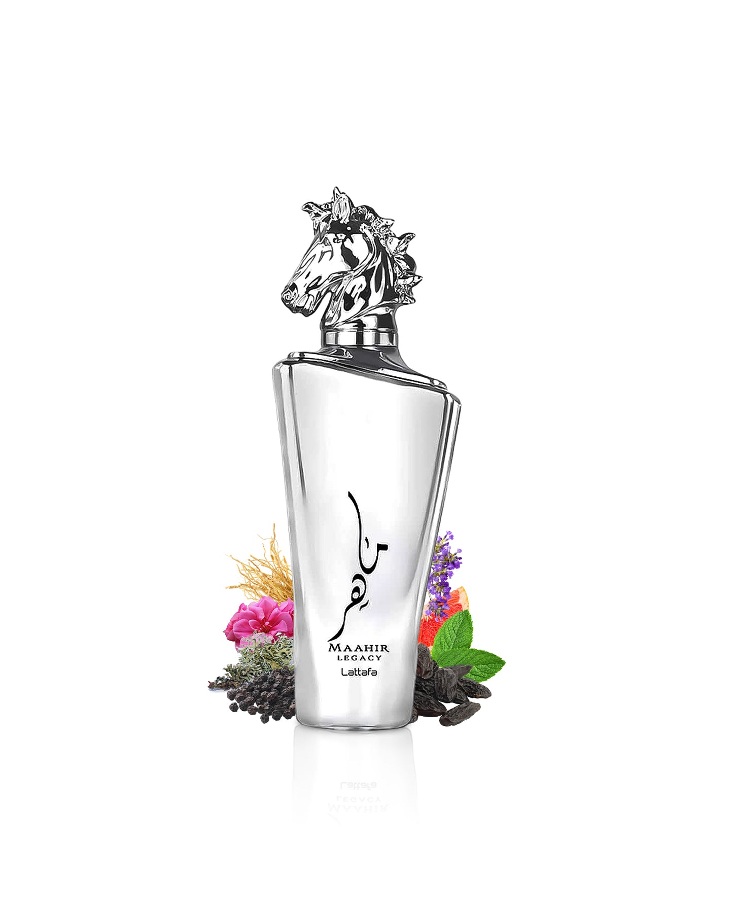 lattafa maahir legacy perfume bottle surrounded with its ingredients like grapefruits and mint with many others shows from behind the bottle against white background
