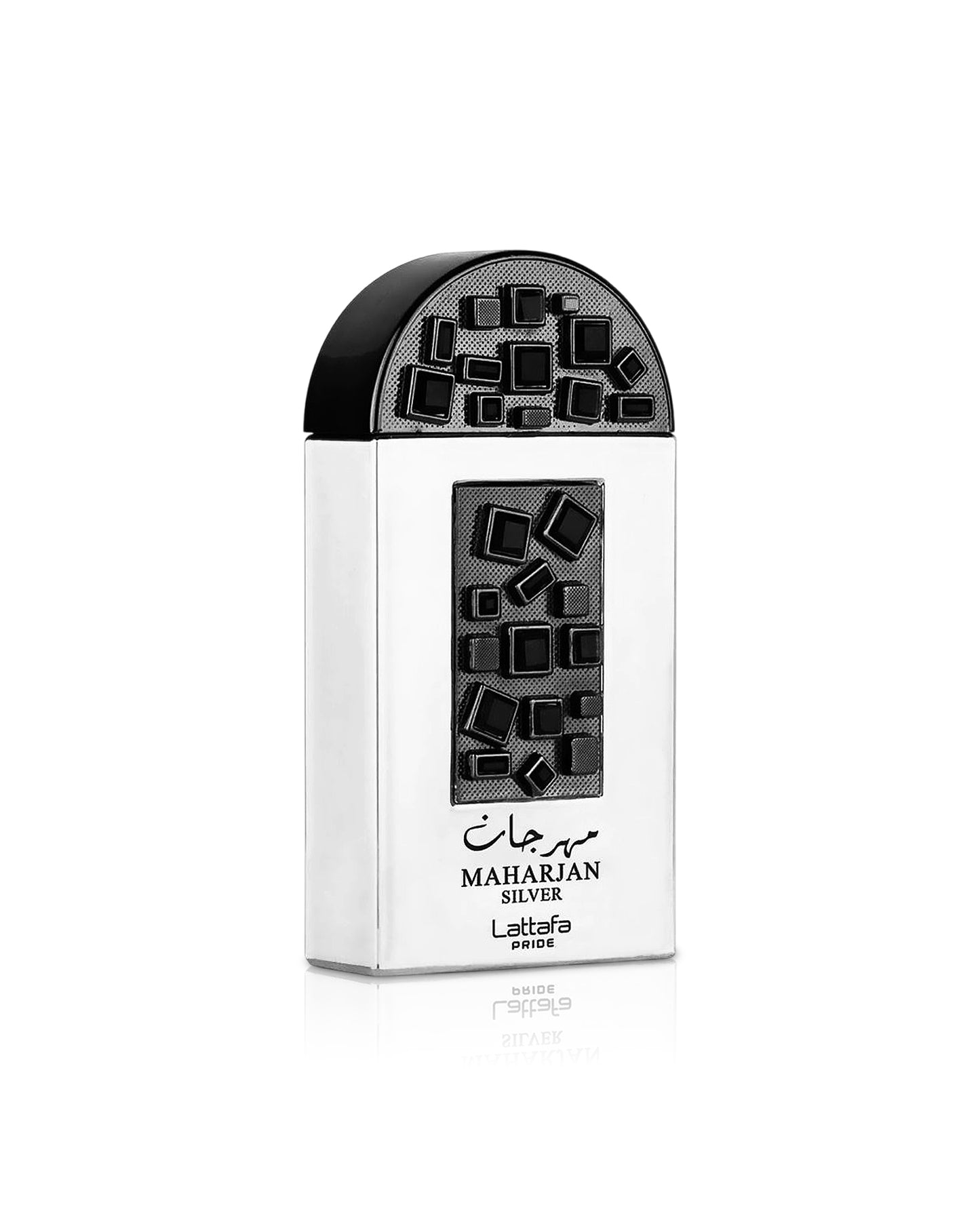 lattafa maharjan silver perfume bottle shows against white background
