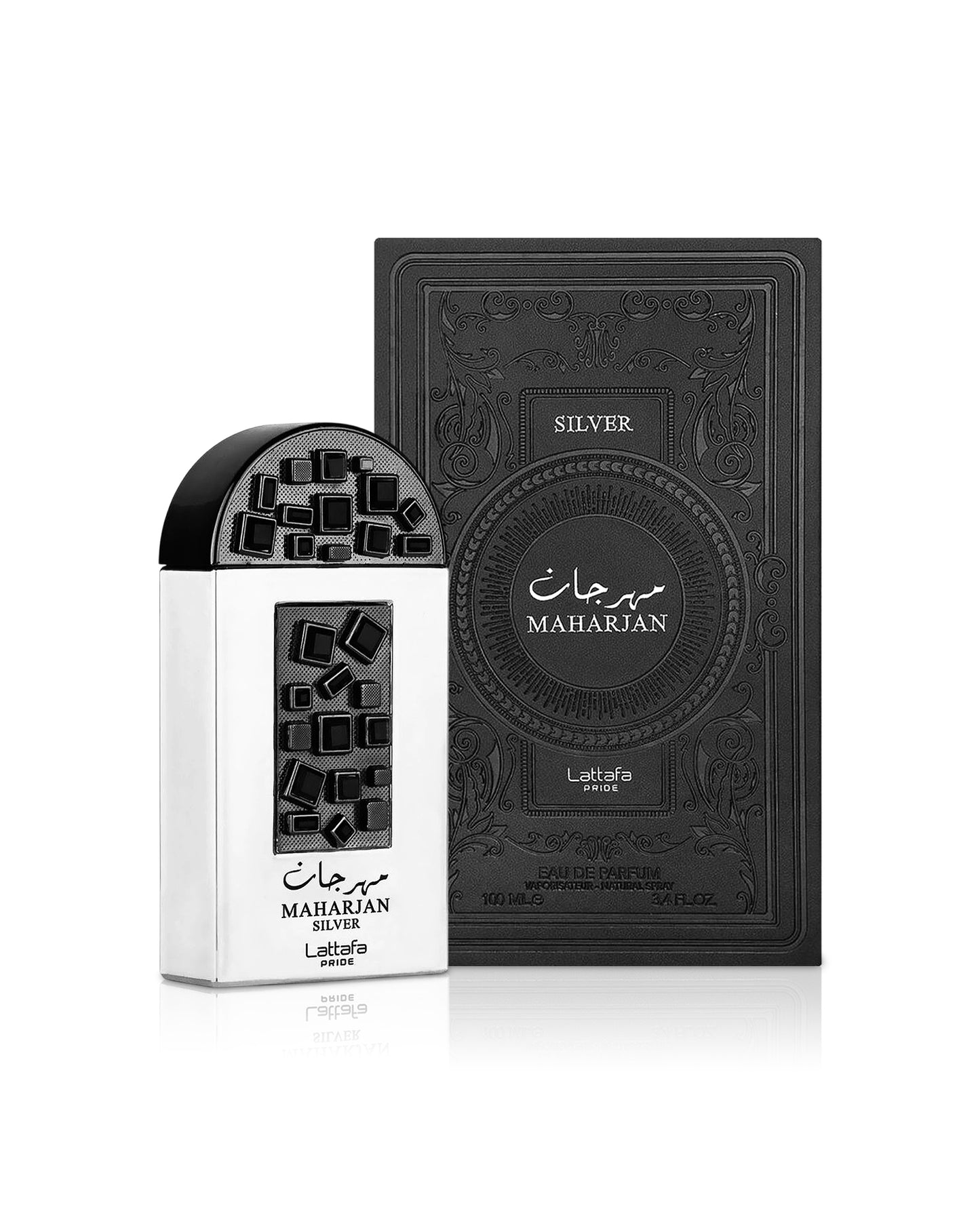 lattafa maharjan silver perfume bottle shows beside its box against white background