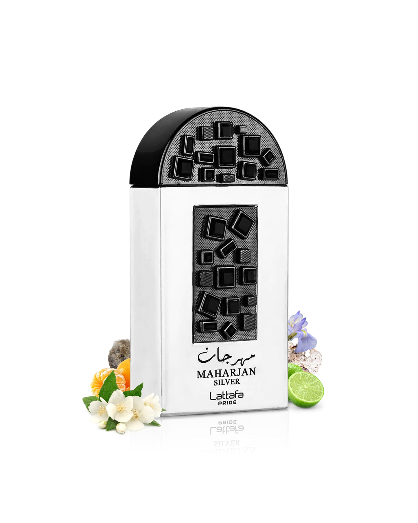 lattafa maharjan silver perfume bottle surrounded with fragrance notes like jasmine and citrus shows from behind the bottle against white background