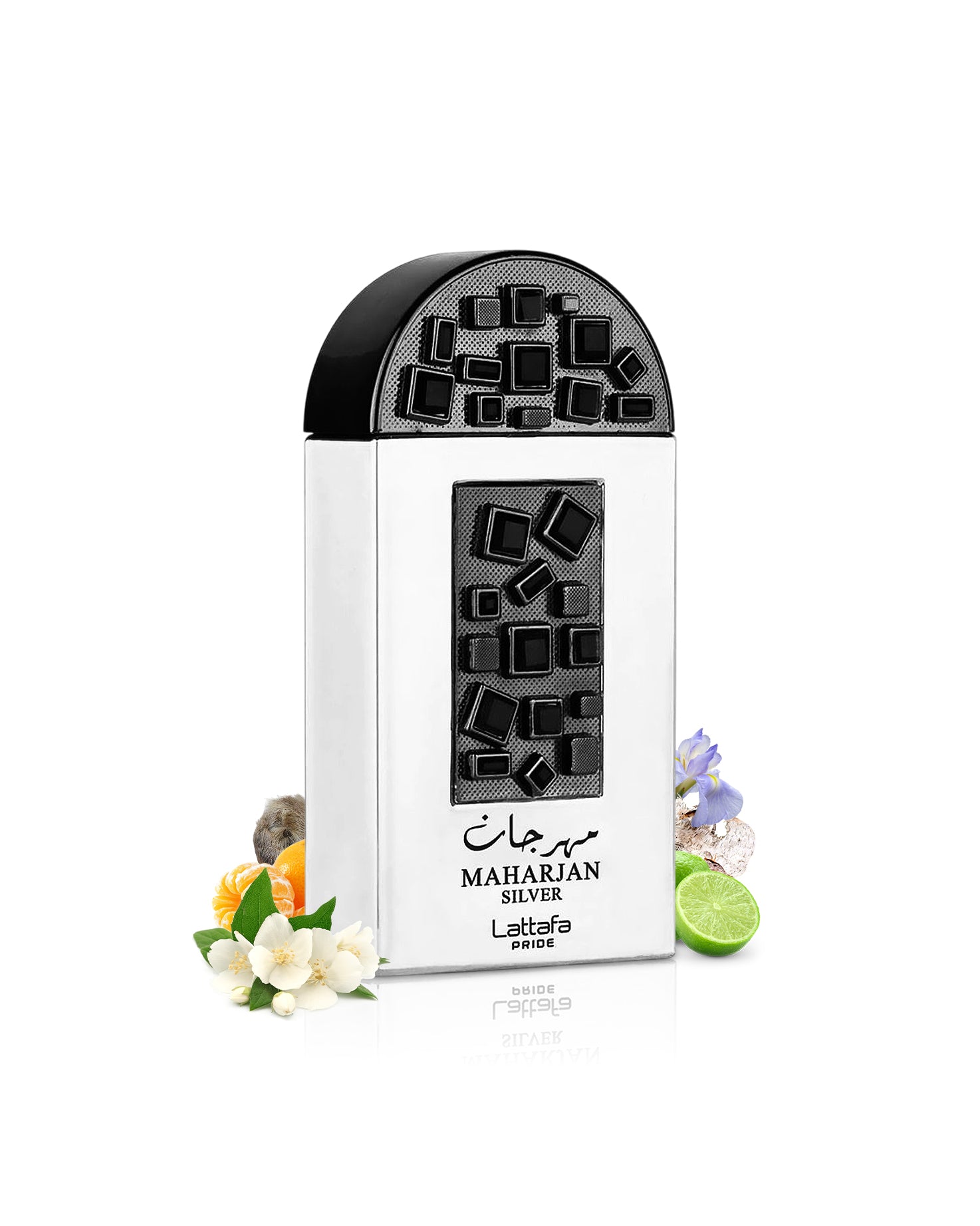 lattafa maharjan silver perfume bottle surrounded with fragrance notes like jasmine and citrus shows from behind the bottle against white background