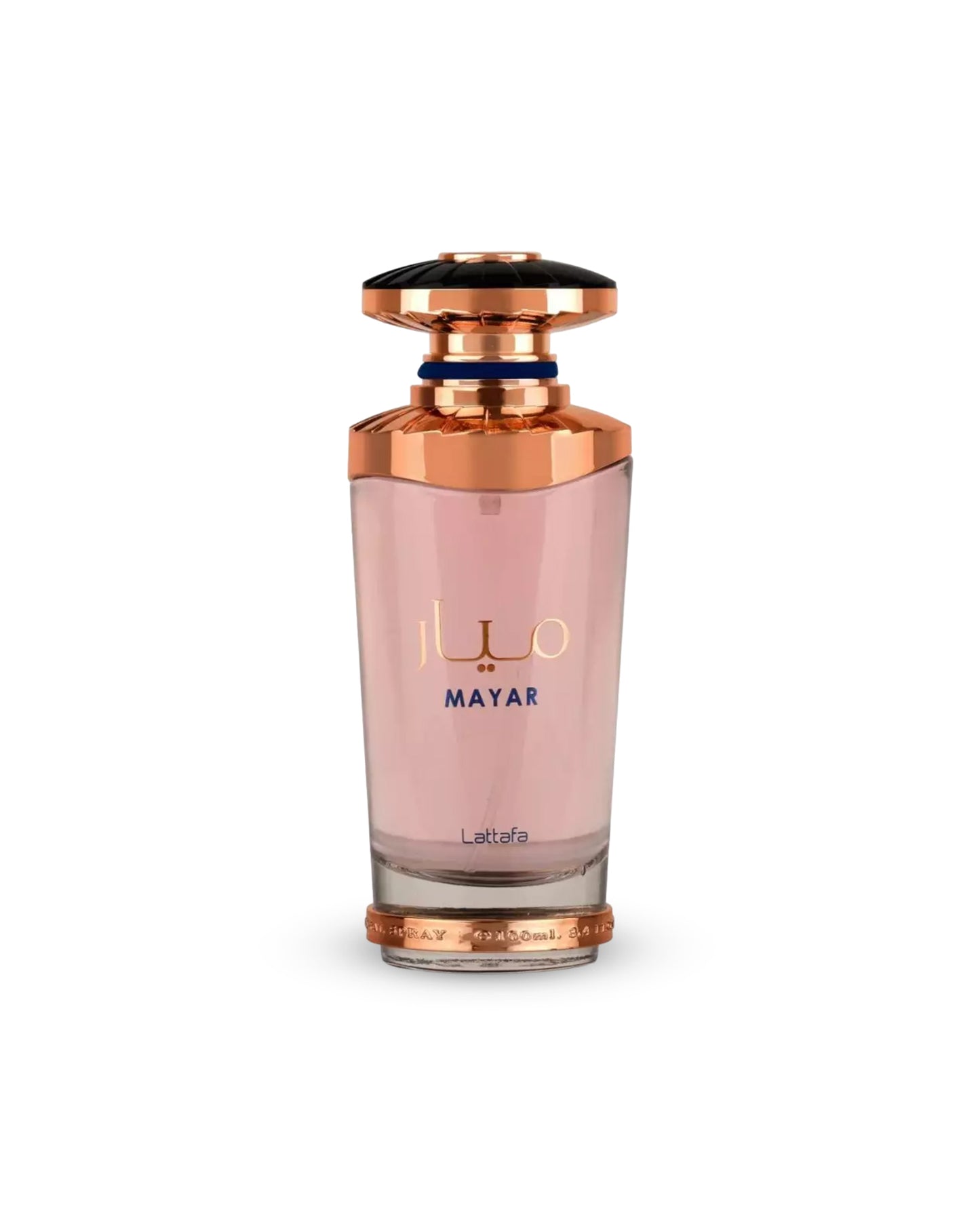 lattafa mayar Perfume bottle with rose gold cap and body on a white background