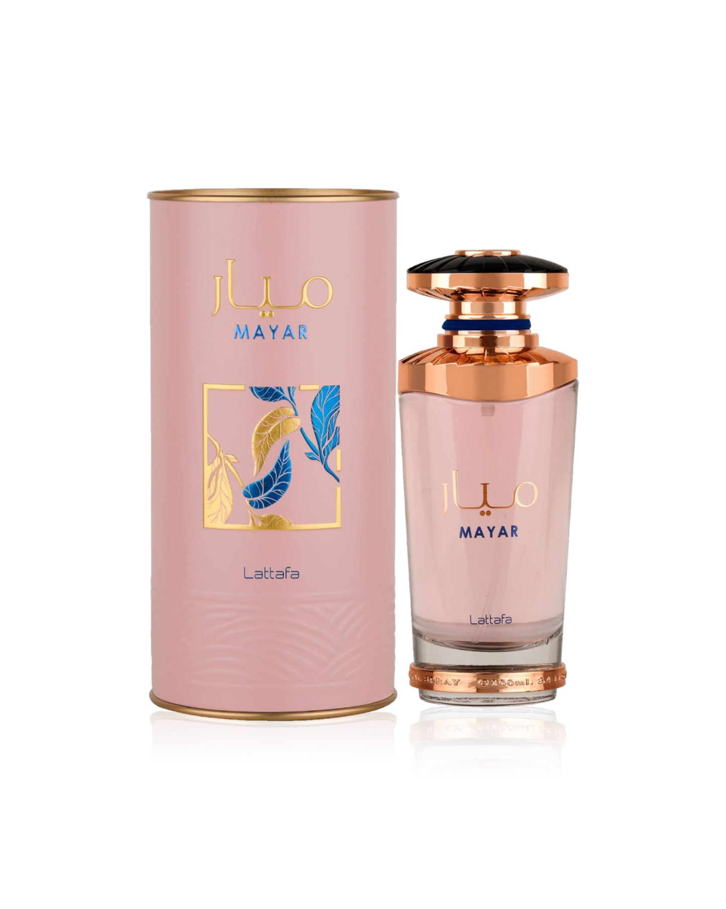 Perfume bottle and packaging with 'Mayar' branding on a white background