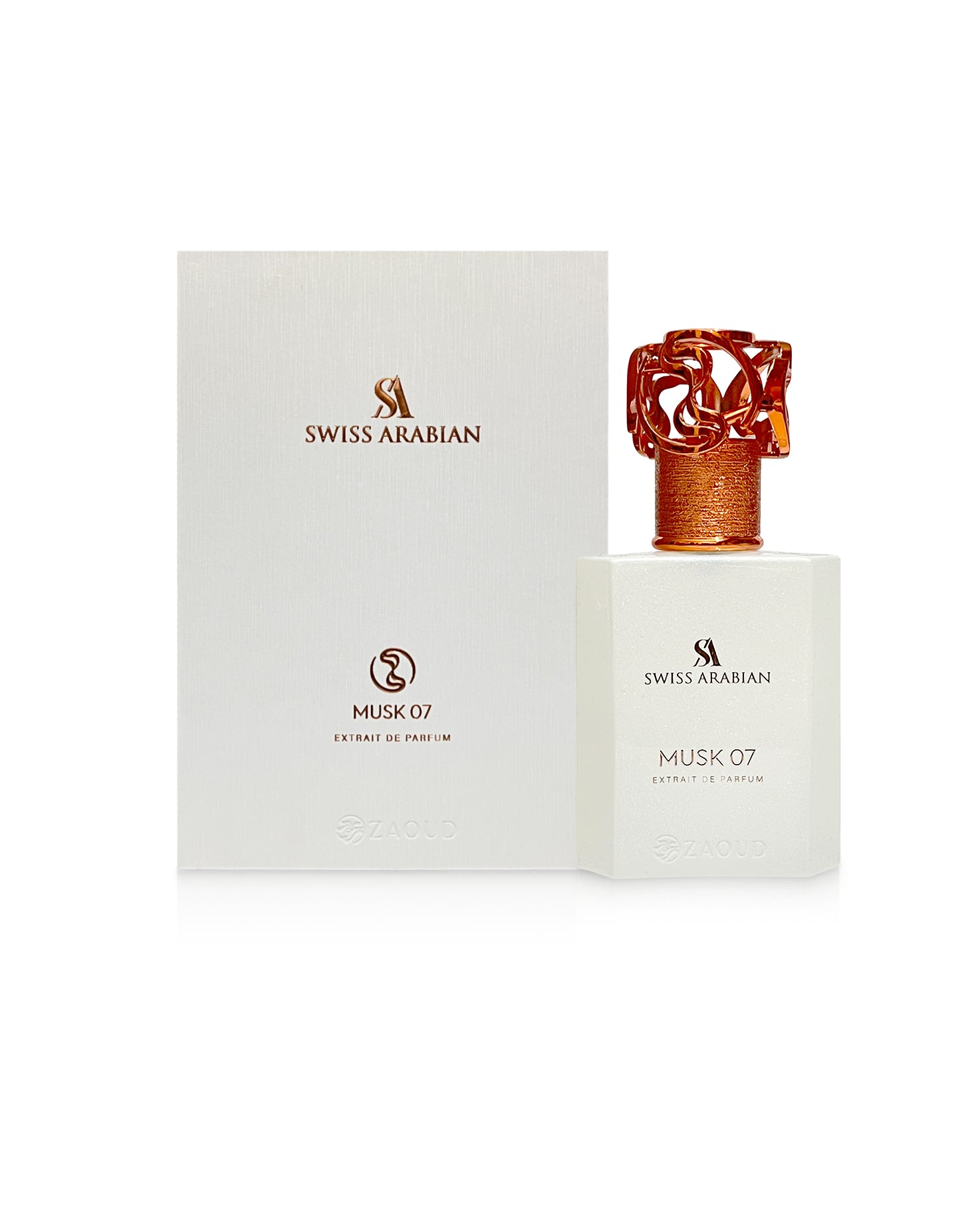 swiss arabian musk 07 extrait perfume bottle shows beside its box against white background
