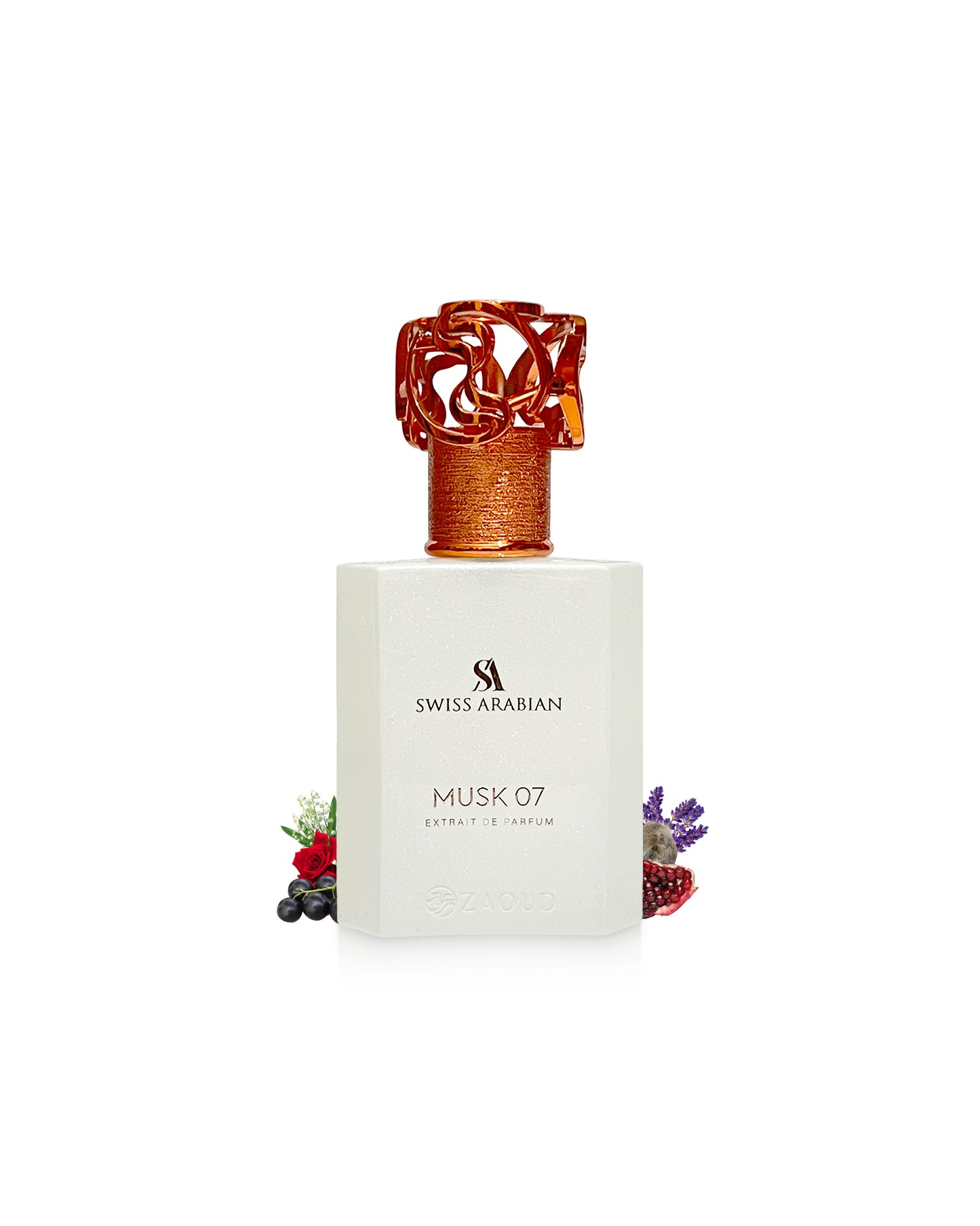 swiss arabian musk 07 extrait perfume bottle surrounded with fragrance notes like black current and musk with rose shows from behind the bottle against white background