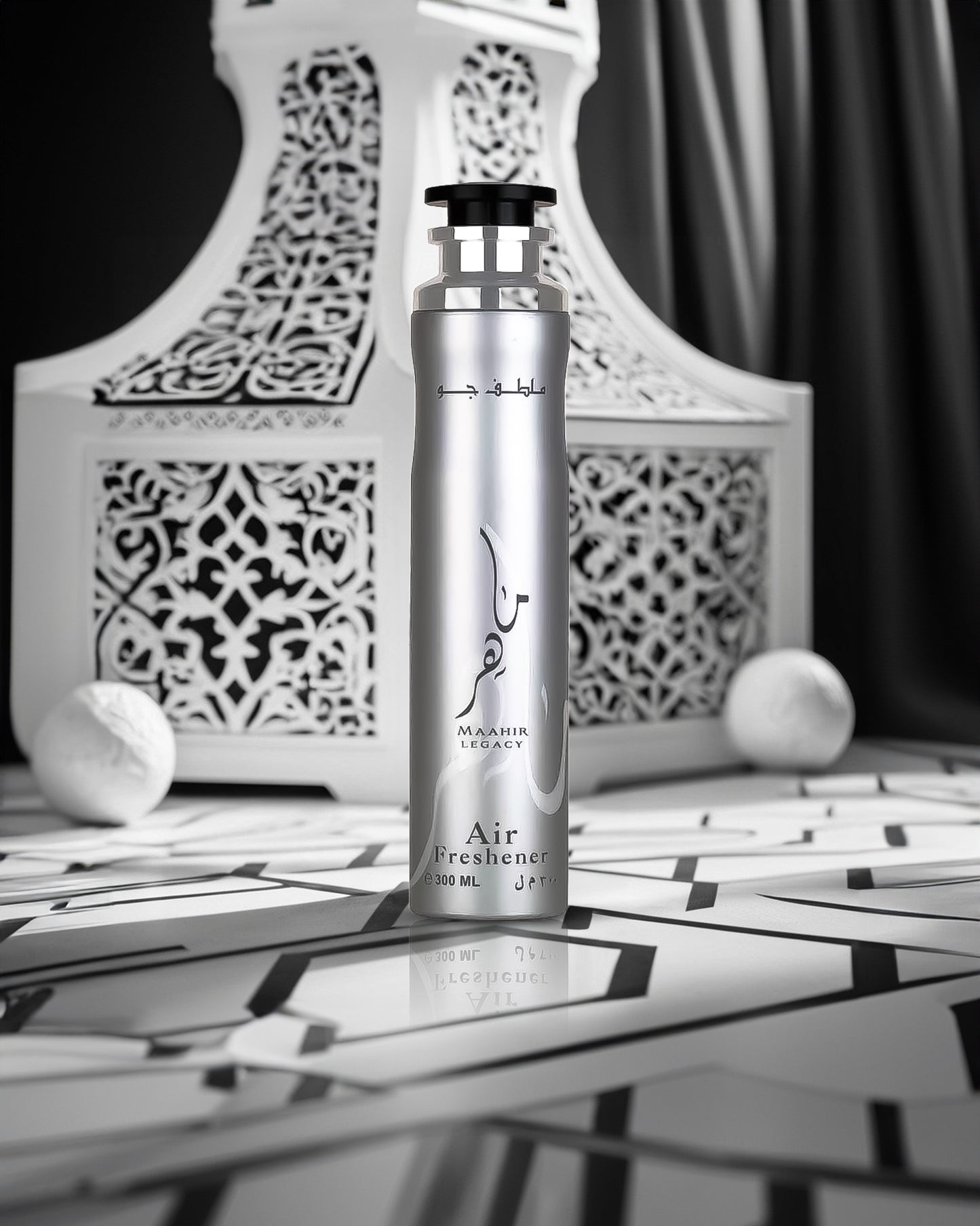 Maahir Legacy air freshener bottle phoyograph against oriental design
