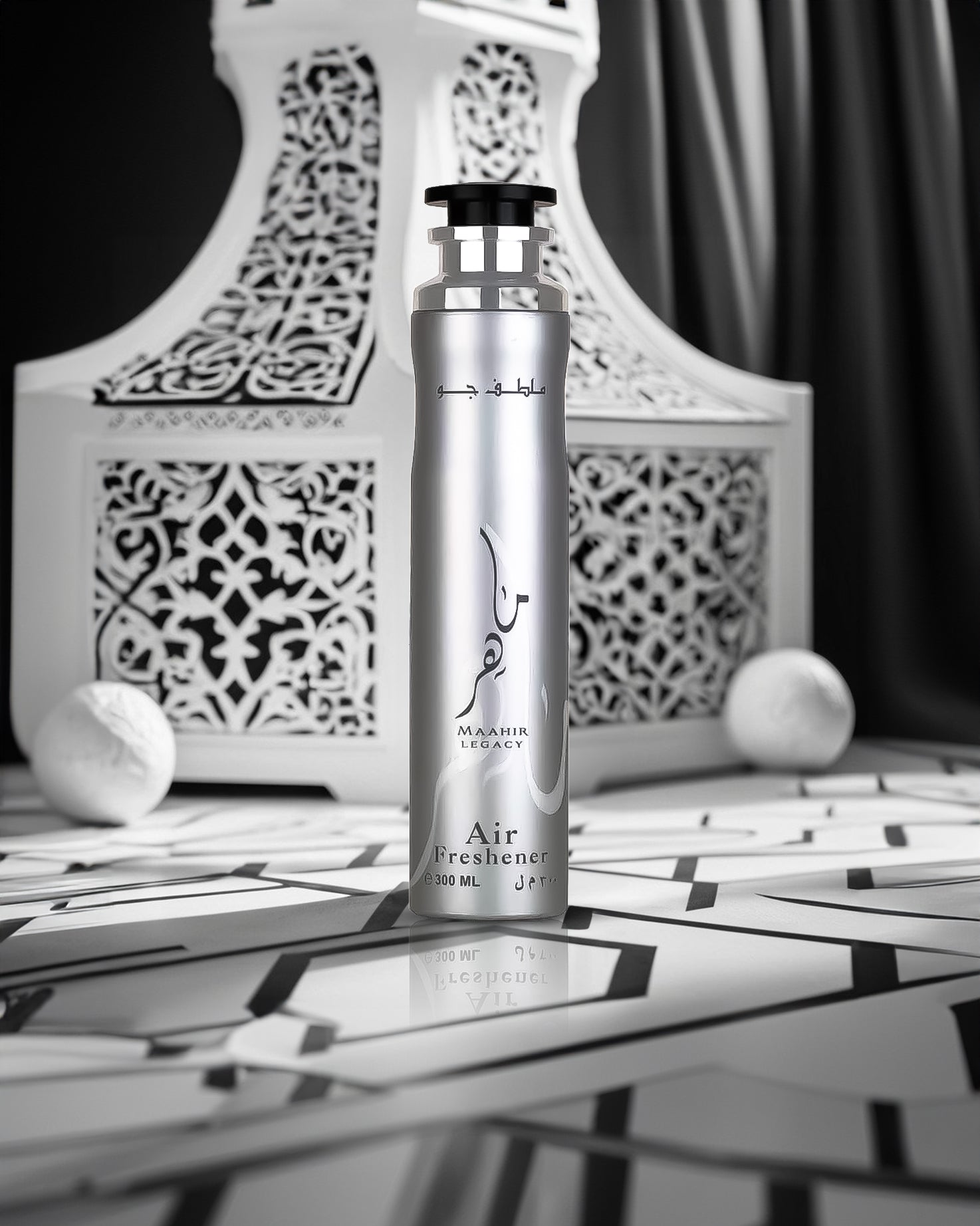 Maahir Legacy air freshener bottle phoyograph against oriental design