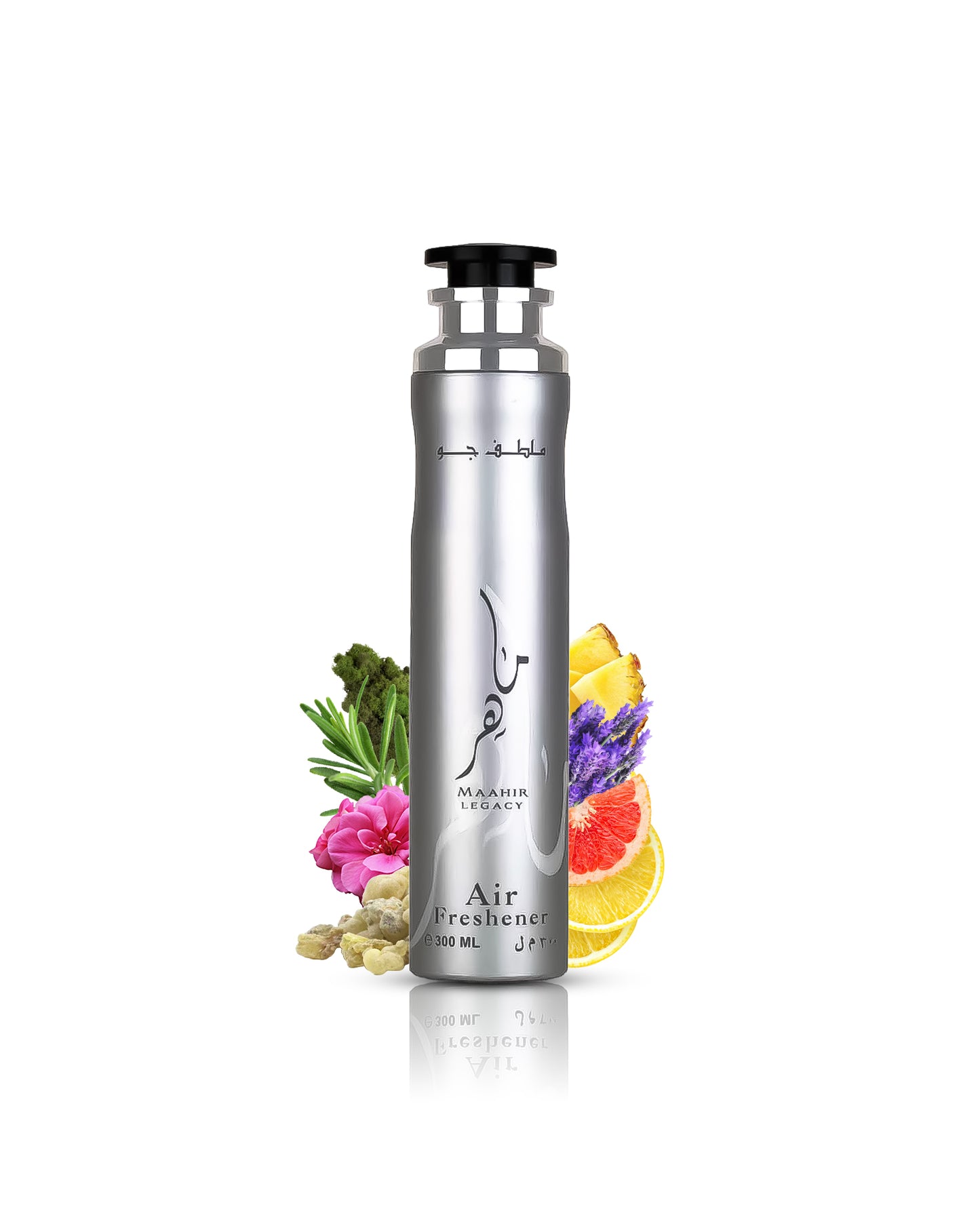 Maahir Legacy air freshener bottle surrounded by ginger pineapple against white background