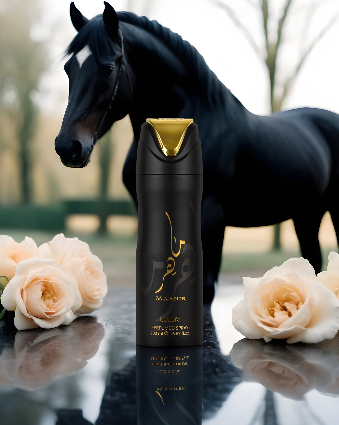 Maahir deodorant bottle photograph besides rose and a black horse behind