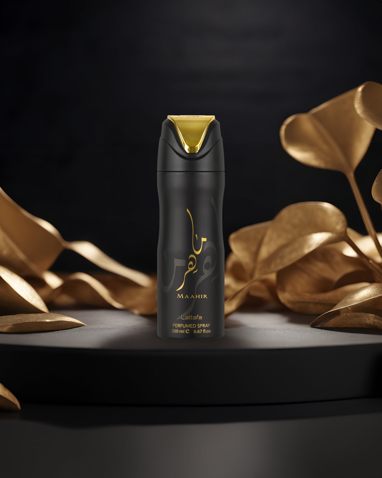 Maahir deodorant bottle photograph inside dark room with golden leafs behind