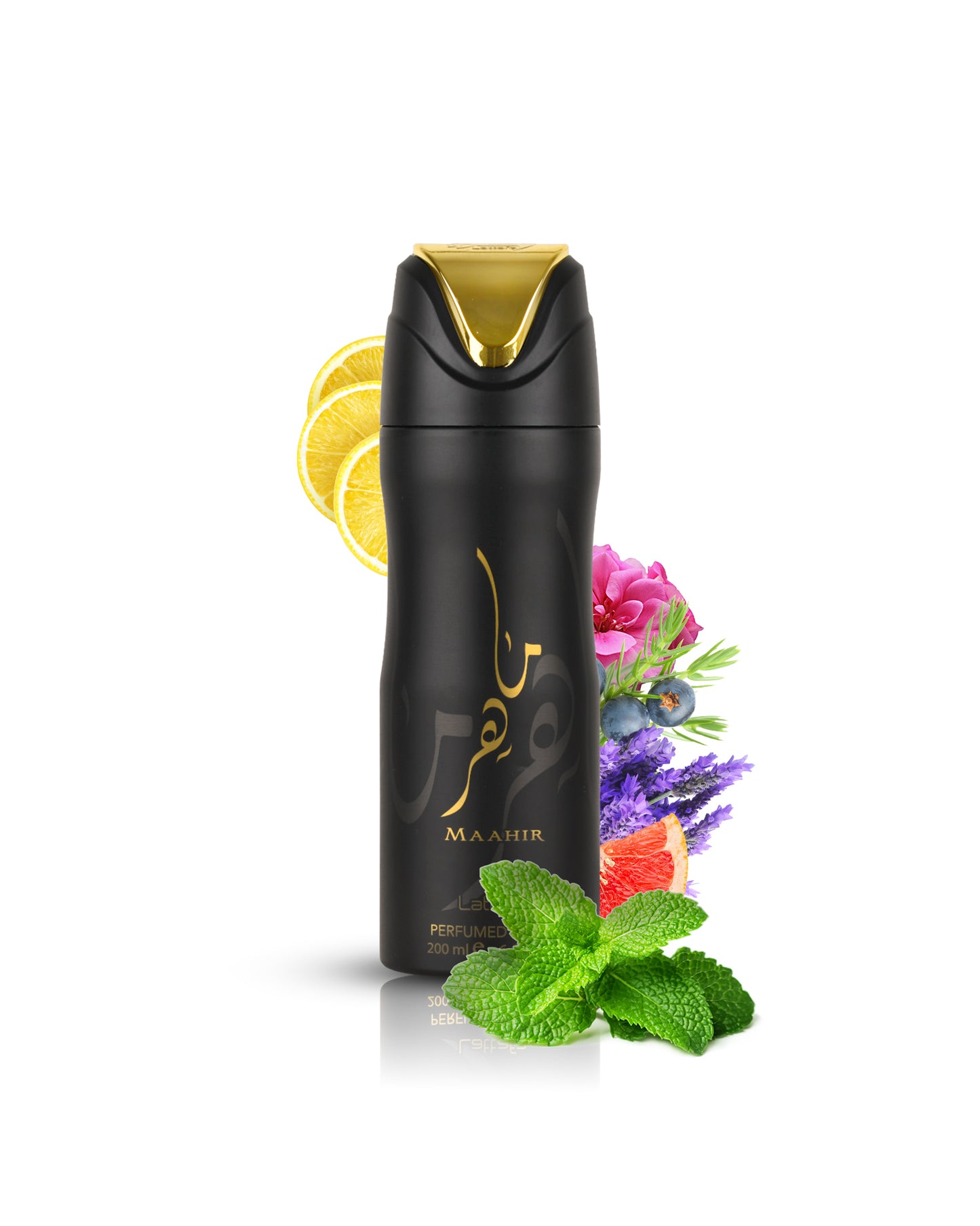 Maahir deodorant bottle surrounded by patchouli and citrus against white background