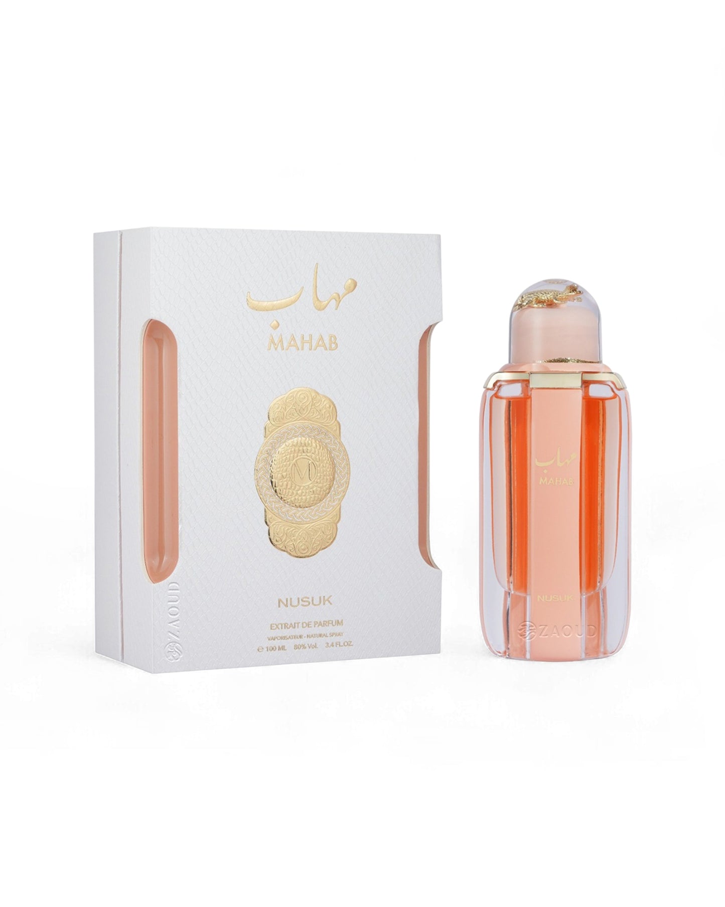 mahab by nusuk perfume bottle shows beside its box against white background