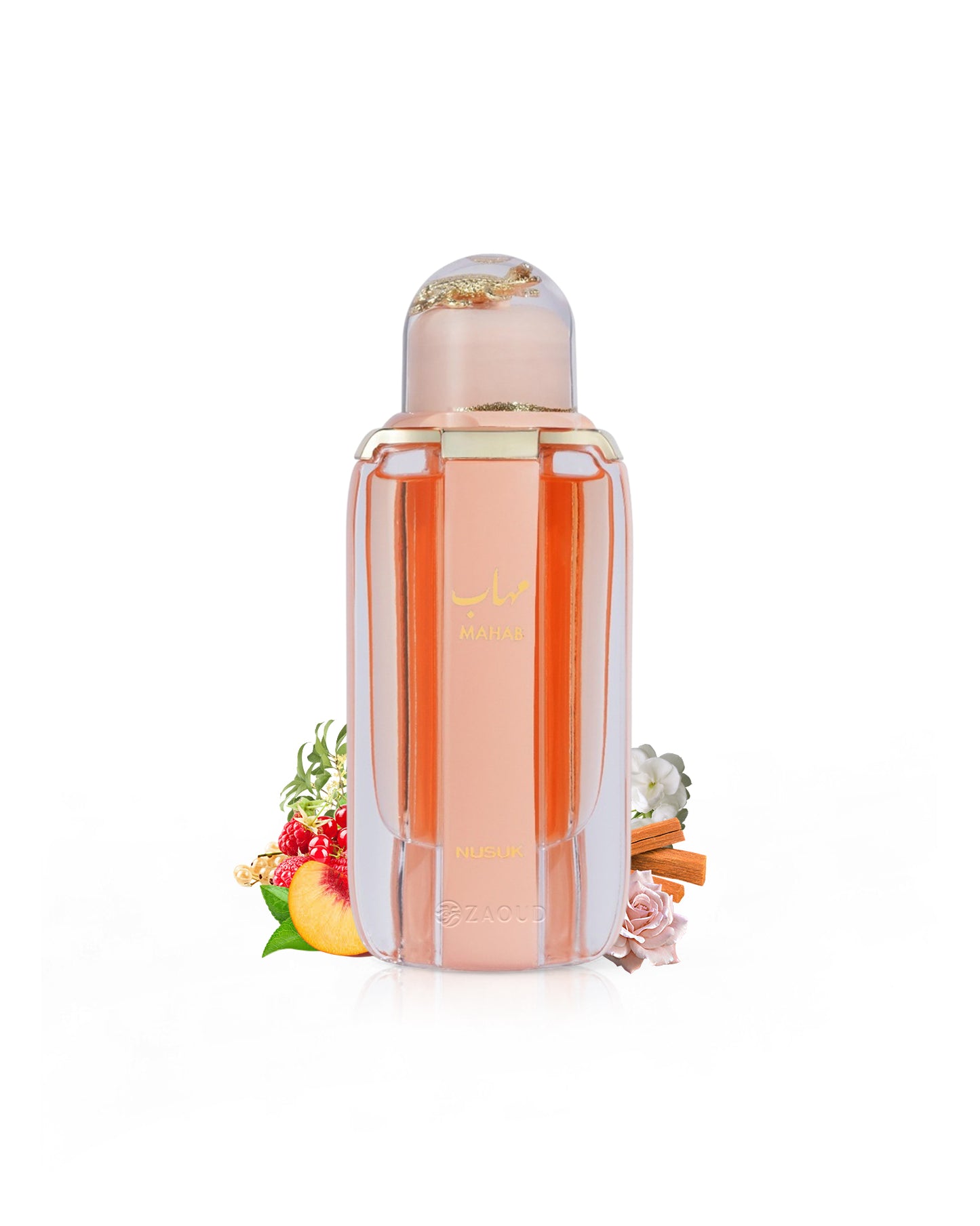 mahab by nusuk perfume bottle surrounded by fragrance notes like peach and rose shows against white background
