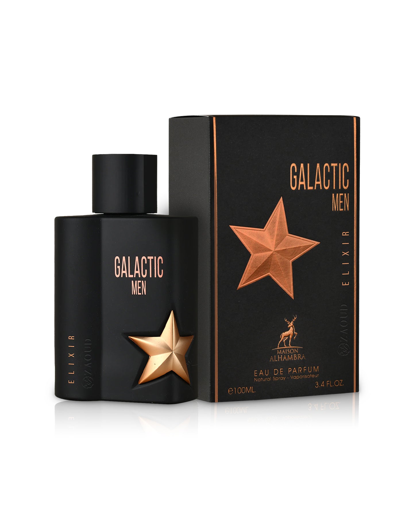 MAISON ALHAMBRA GALACTIC MEN ELIXIR perfume bottle and packaging with star design on a white background