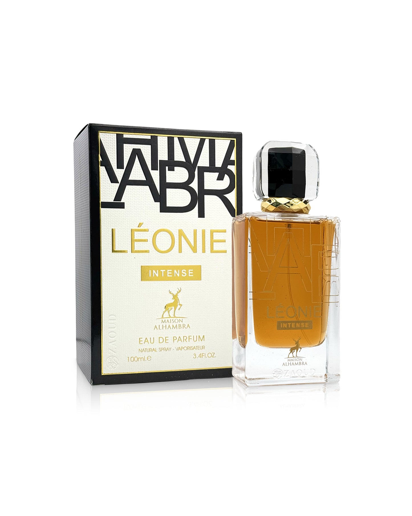 maison alhambra leonie intense perfume bottle shows beside its box against white background