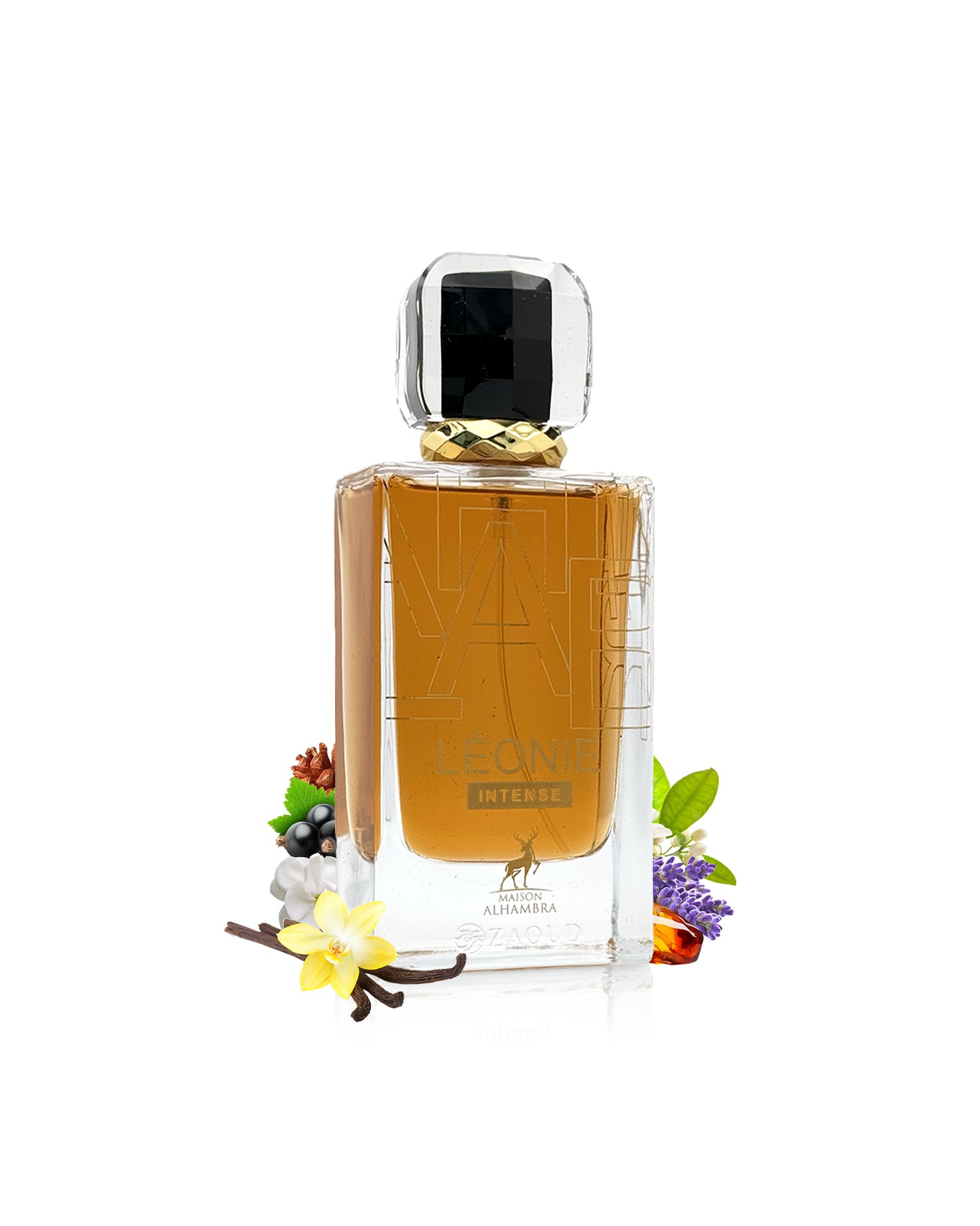 maison alhambra leonie intense perfume bottle surrounded with fragrance notes like vanilla and lavender shows against white background