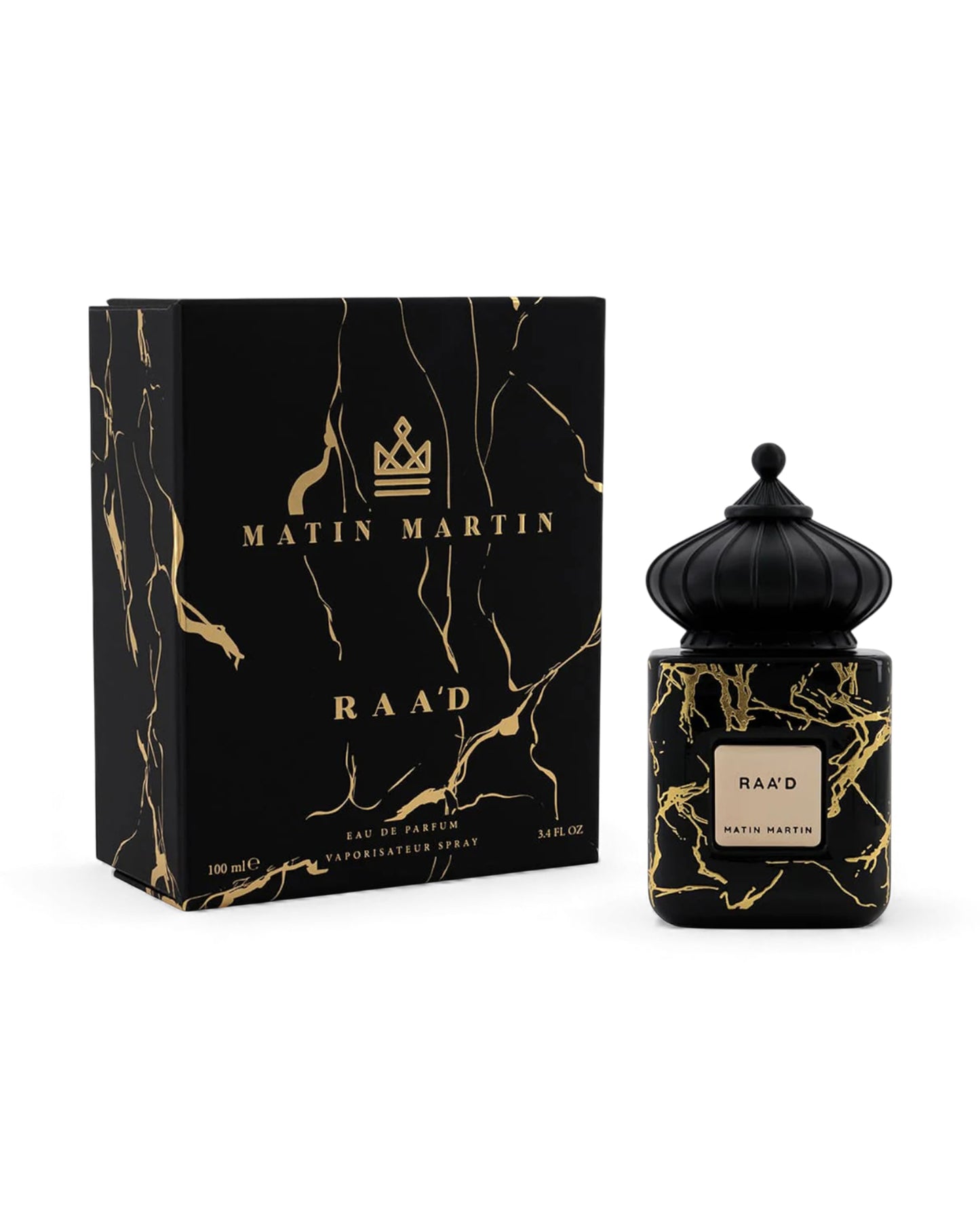 MATIN martin raa'd perfume bottle shows beside its packaging against white background