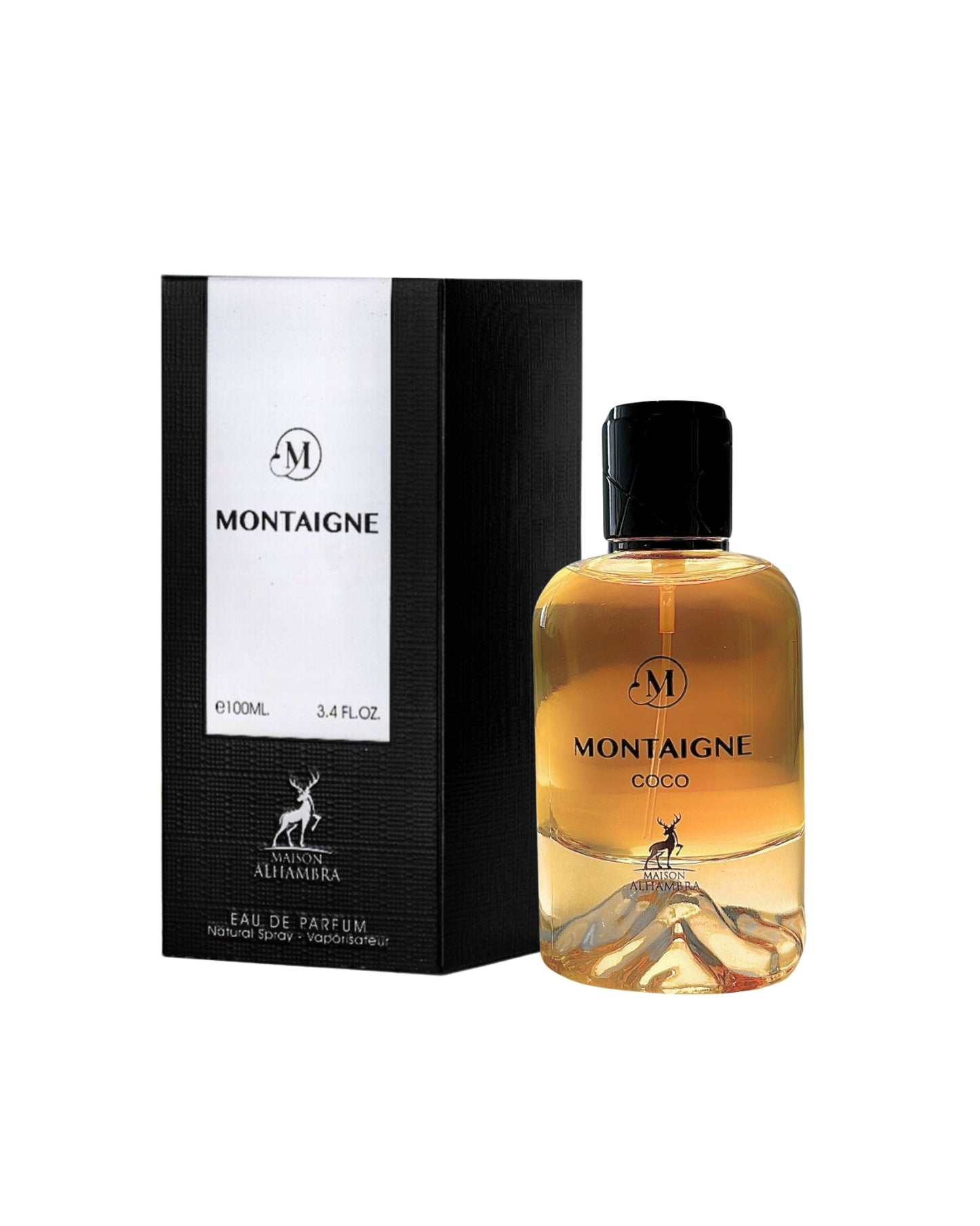 Montaigne coco perfume bottle and box against white background
