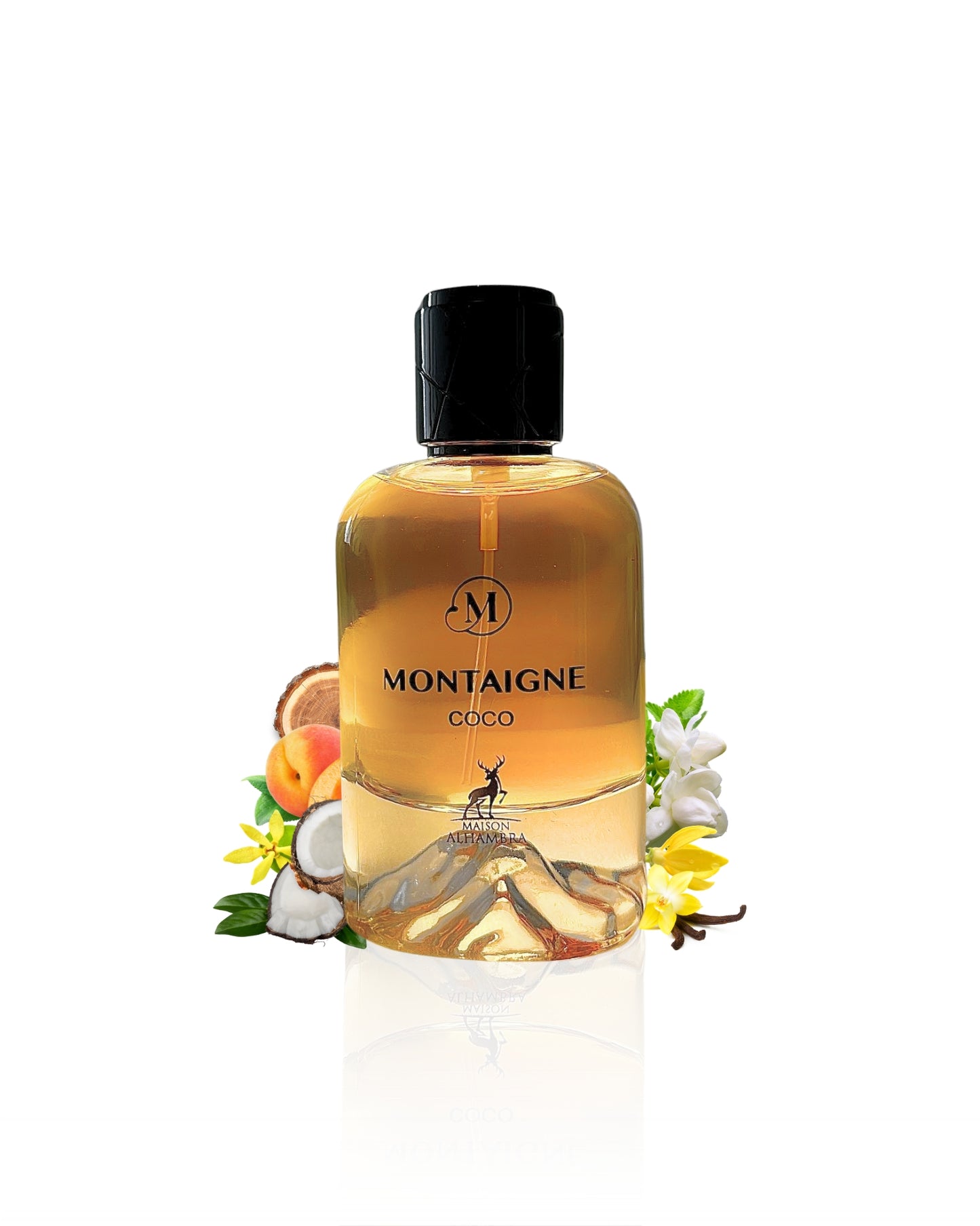 Montaigne coco perfume bottle surrounded by coconut vanilla against white background