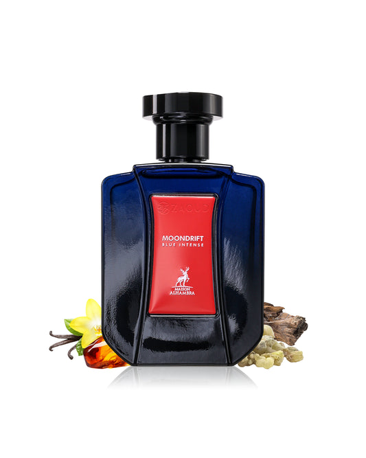 moondrift blue intense perfume bottle surrounded with fragrance notes like spices and vanilla shows against white background