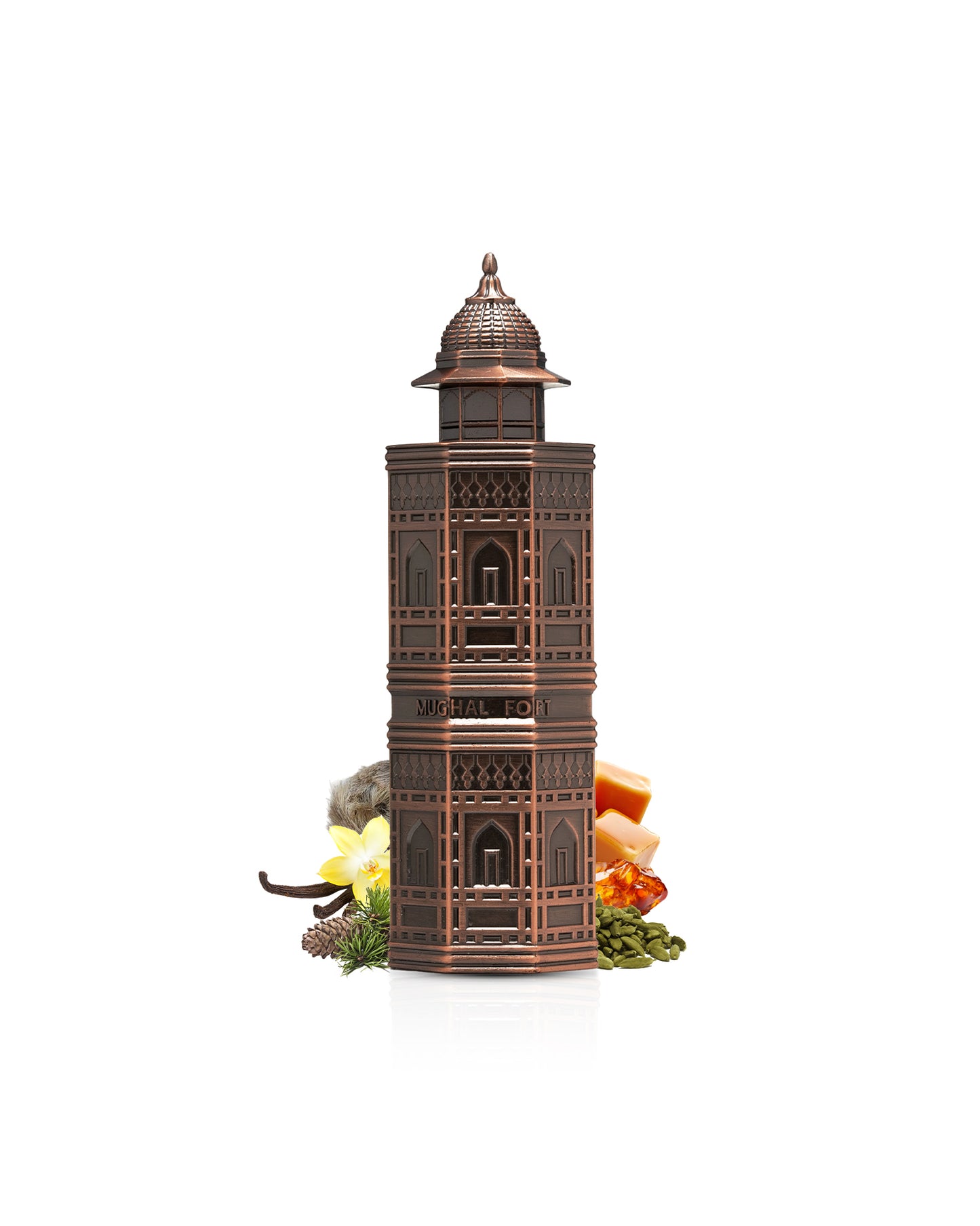 lattafa mughal fort perfume bottle surrounded with fragrance notes like cardamom and amber shows from behind the bottle against white background