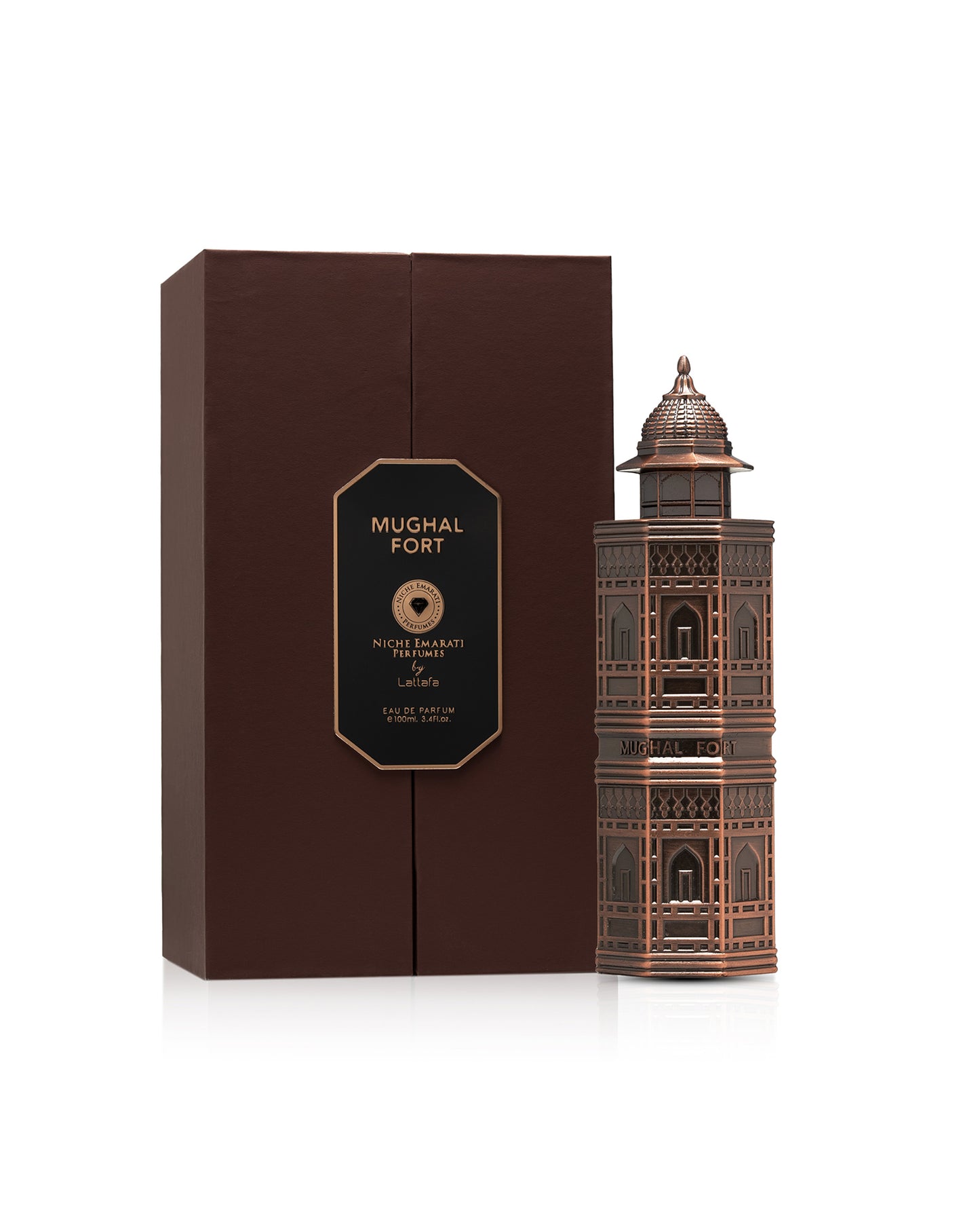 lattafa mughal fort perfume bottle shows beside its box against white background