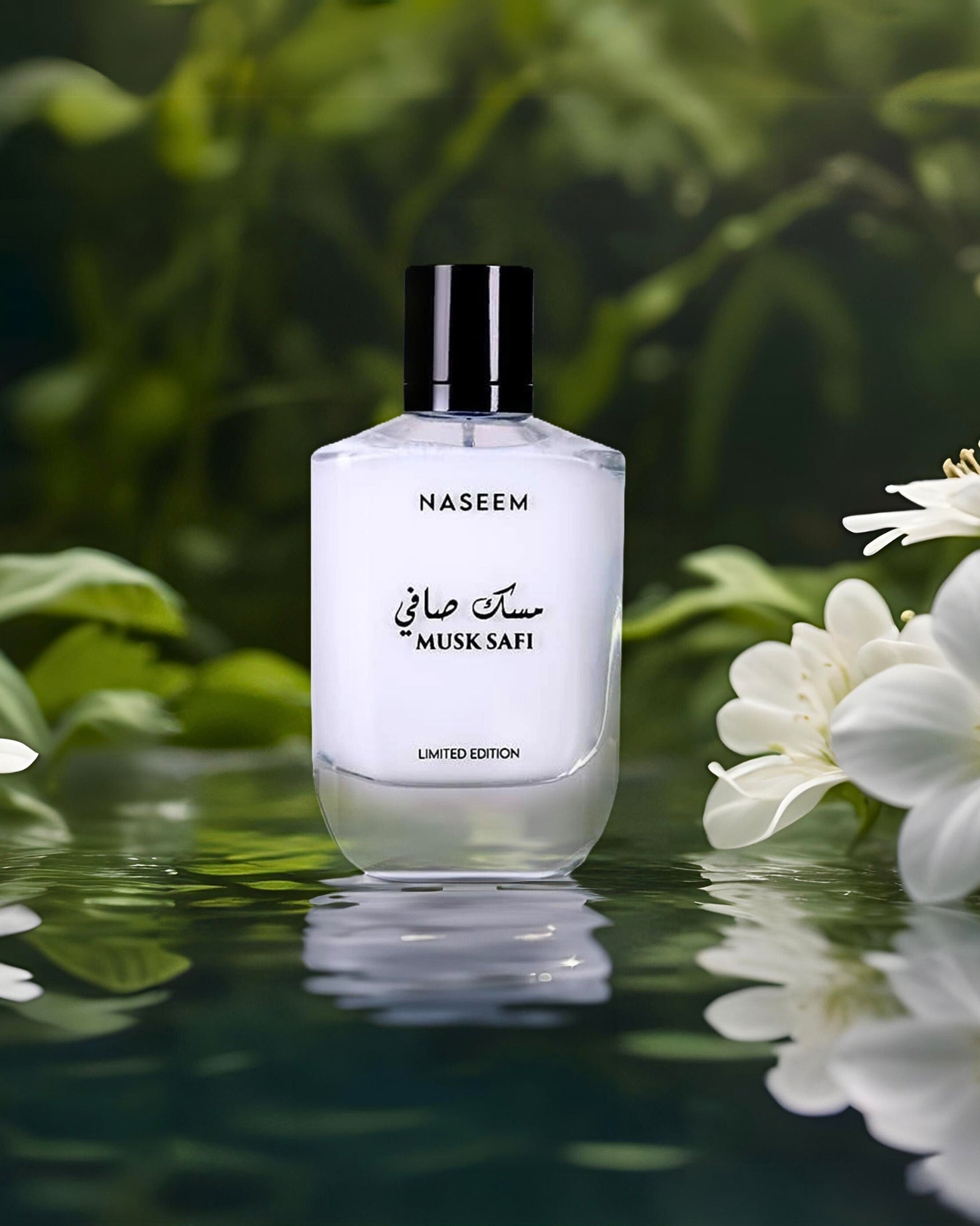 musk safi aqua parfum by naseem perfume bottle photograph over reflected fresh water besides some white wild flowers with green scenery at background