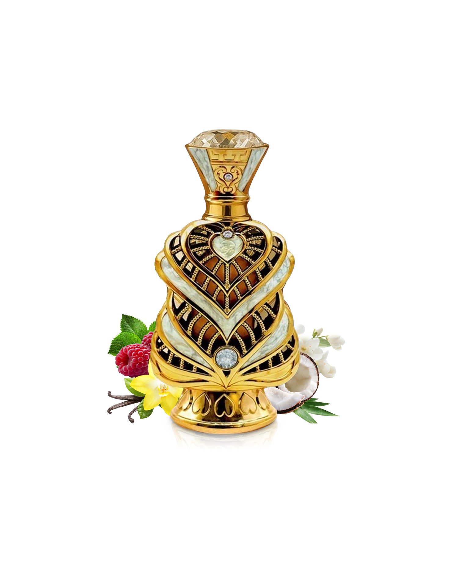 vmystery essence perfume oil bottle surrounded with fragrance notes like vanilla and jasmine shows against white background