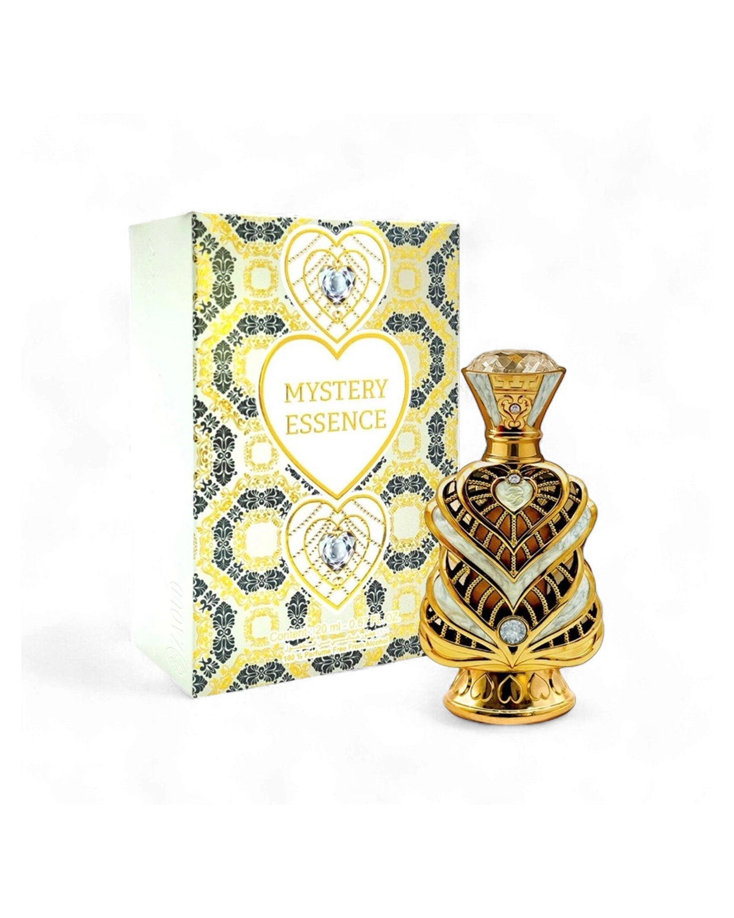 mystery essence perfume oil bottle shows beside its box against white background