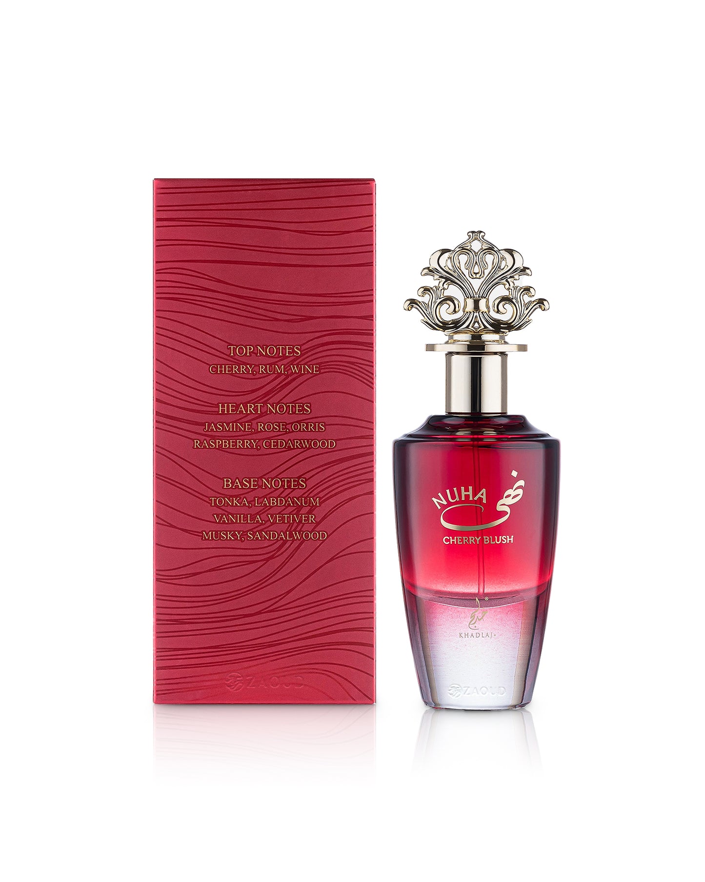 khadlaj nuha cherry blush perfume bottle shows beside its box against white background