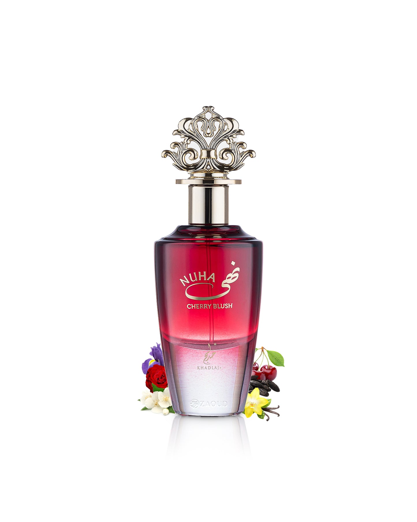 khadlaj nuha cherry blush perfume bottle surrounded with fragrance notes like cherry and vanilla shows against white background