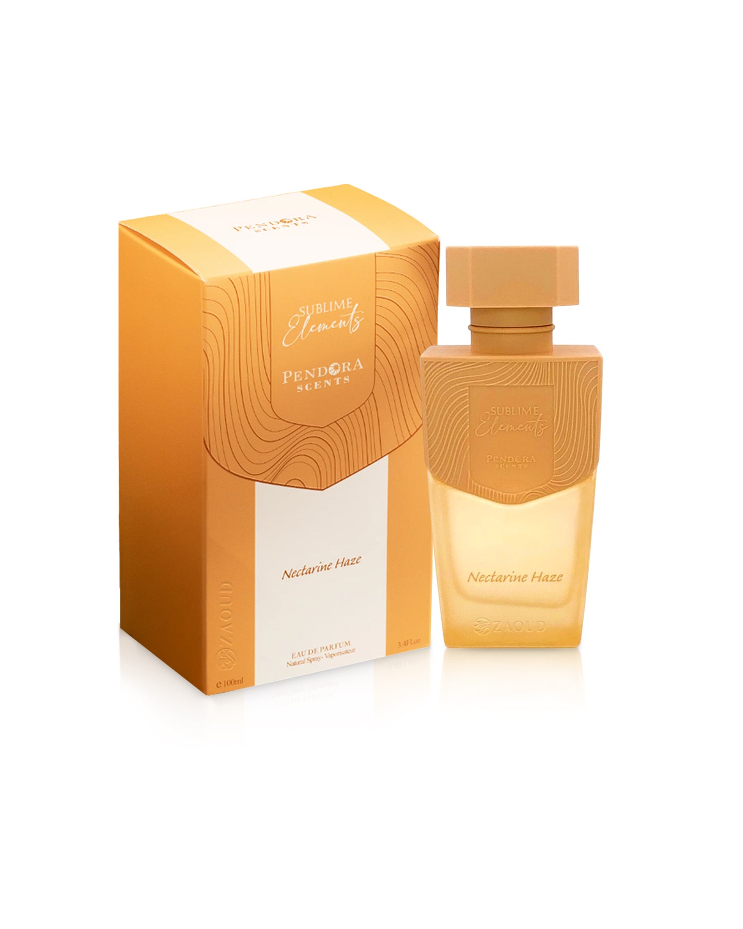 nectarine haze perfume bottle shows beside its box against white background