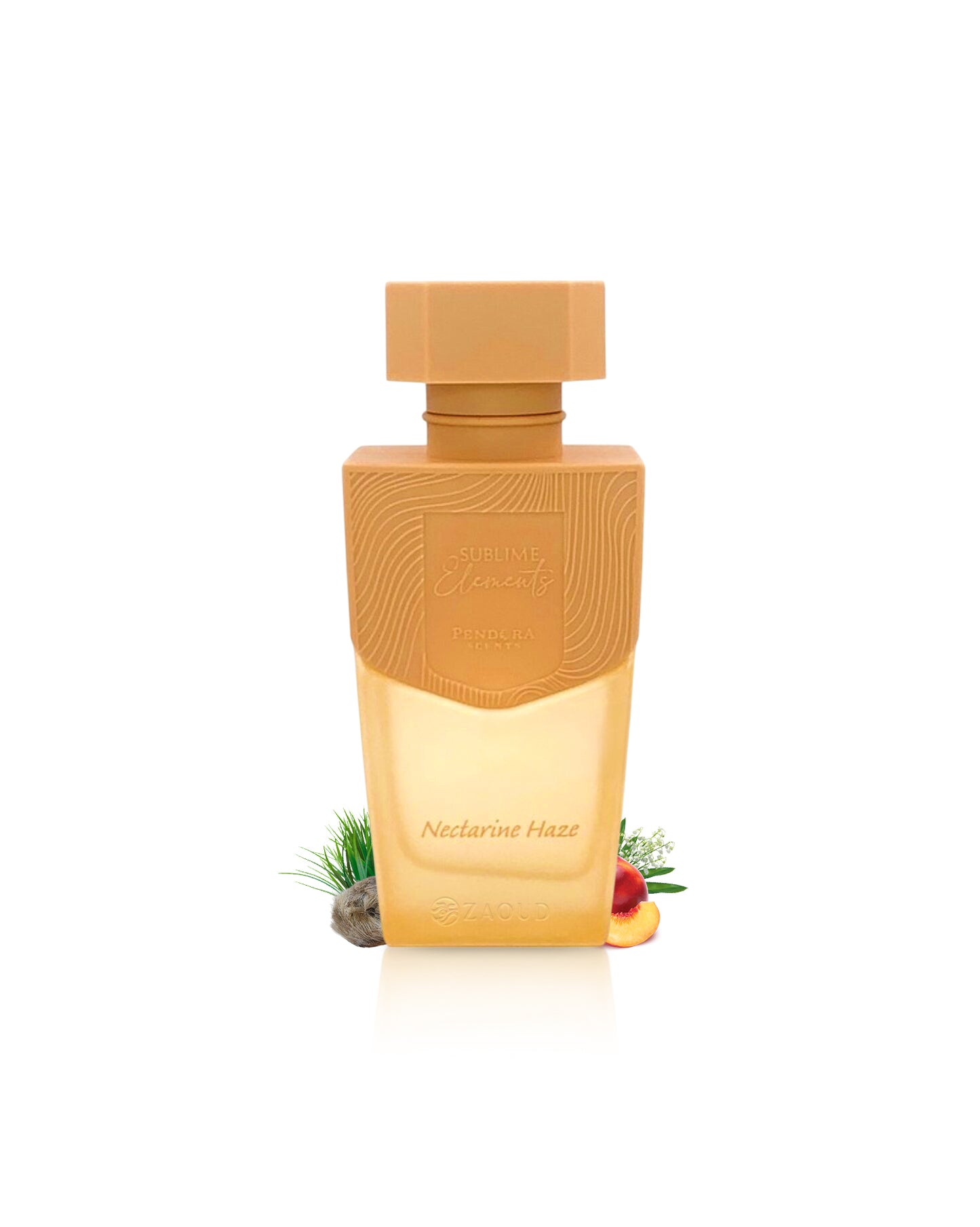 nectarine haze perfume bottle surrounded with fragrance notes like peach and musk shows against white background